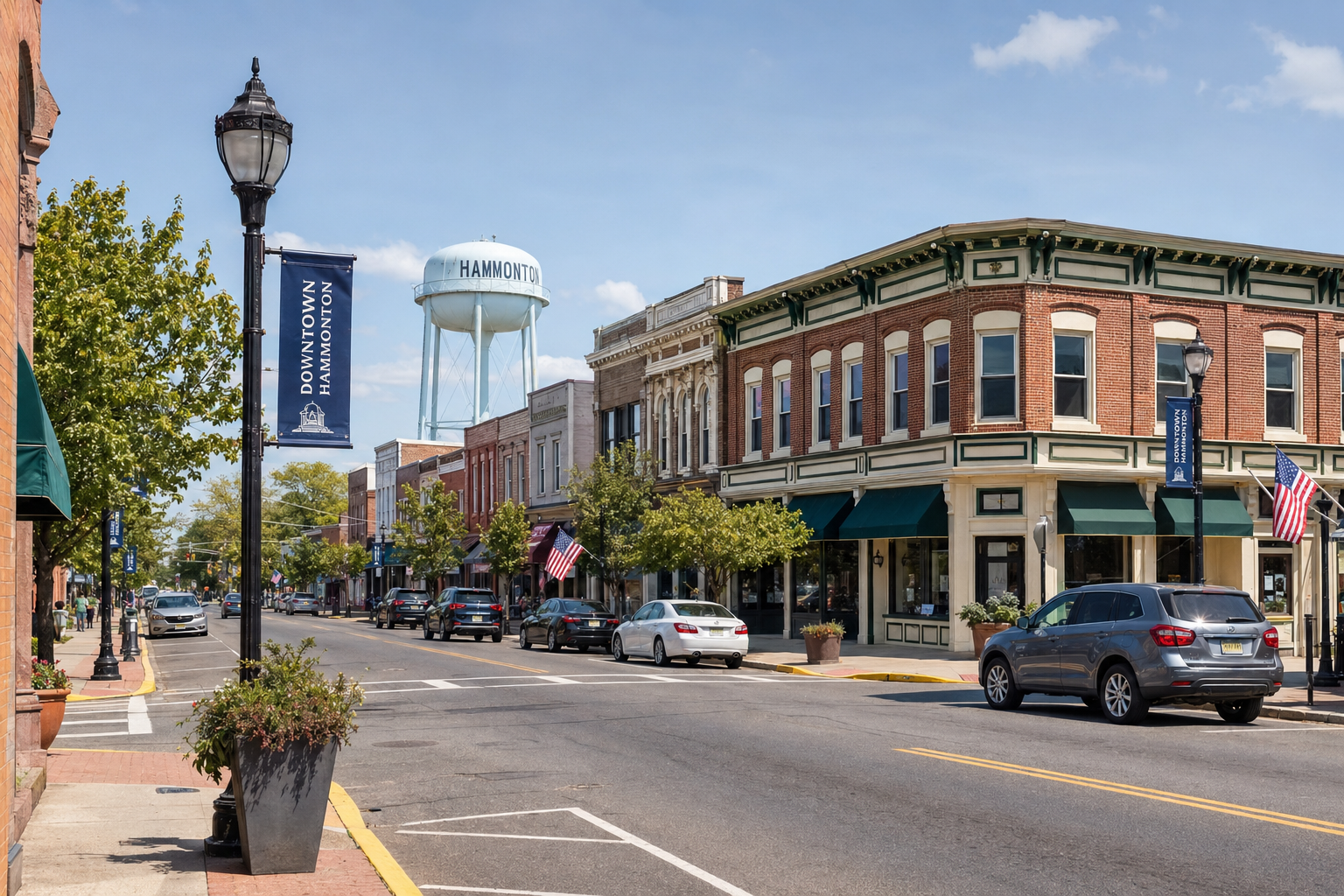 Downtown Hammonton, NJ — Bellevue Avenue with historic buildings, tree-lined sidewalks, and the Blueberry Capital welcome sign