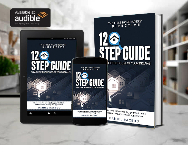 Promotional mockup of The First Homebuyers' Directive by Daniel Racedo, showing the book cover on a phone, tablet, and physical book with an Available at Audible badge