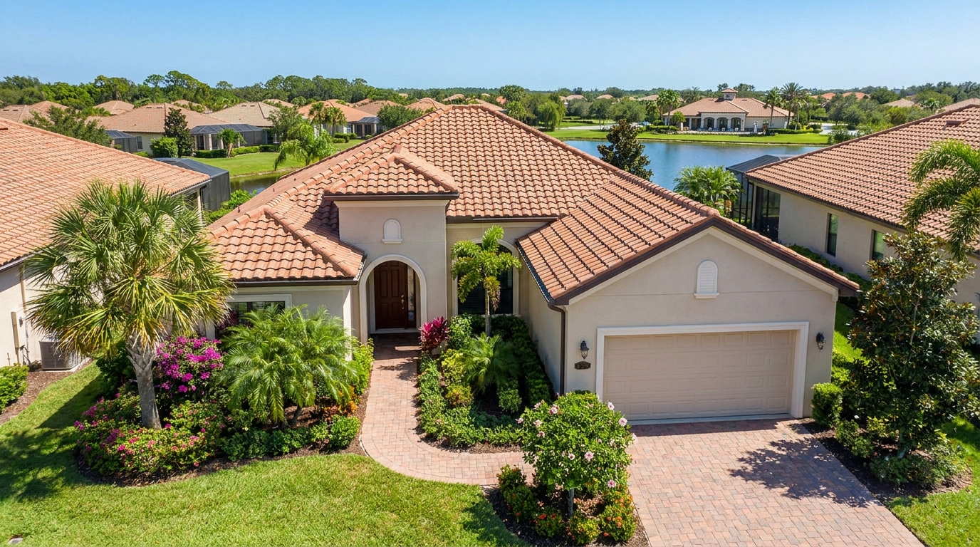Beautiful stucco Florida villa with tile roof and tropical palm trees