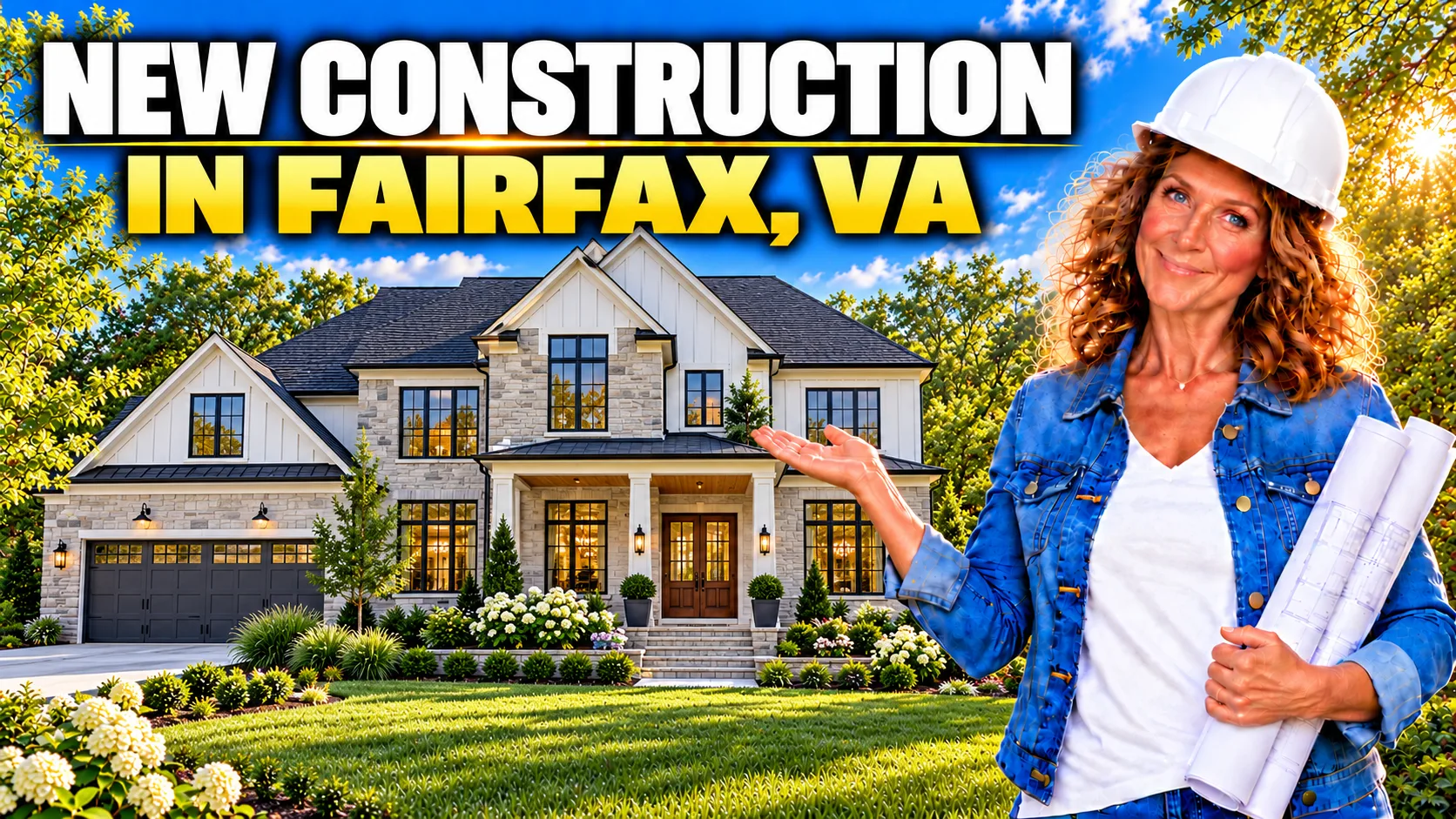 NEW CONSTRUCTION IN FAIRFAX, VA hero banner featuring Barbara Jennings in a hard hat holding blueprints in front of a new home at sunset
