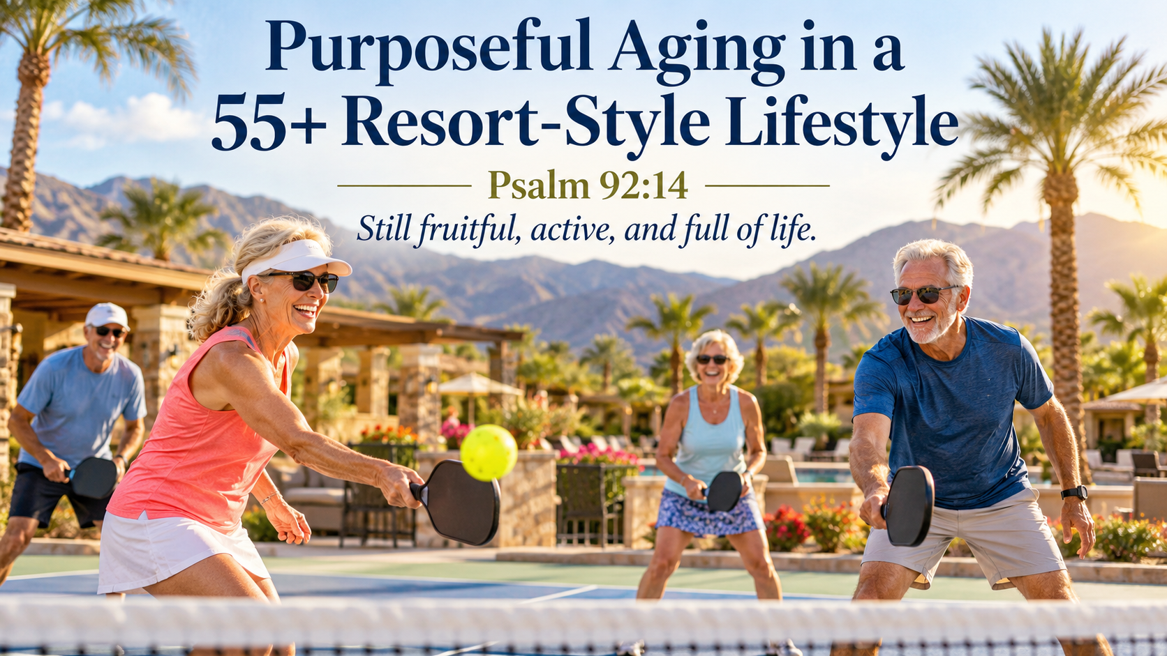 Adults playing pickleball in a 55+ resort community, Psalm 92:14