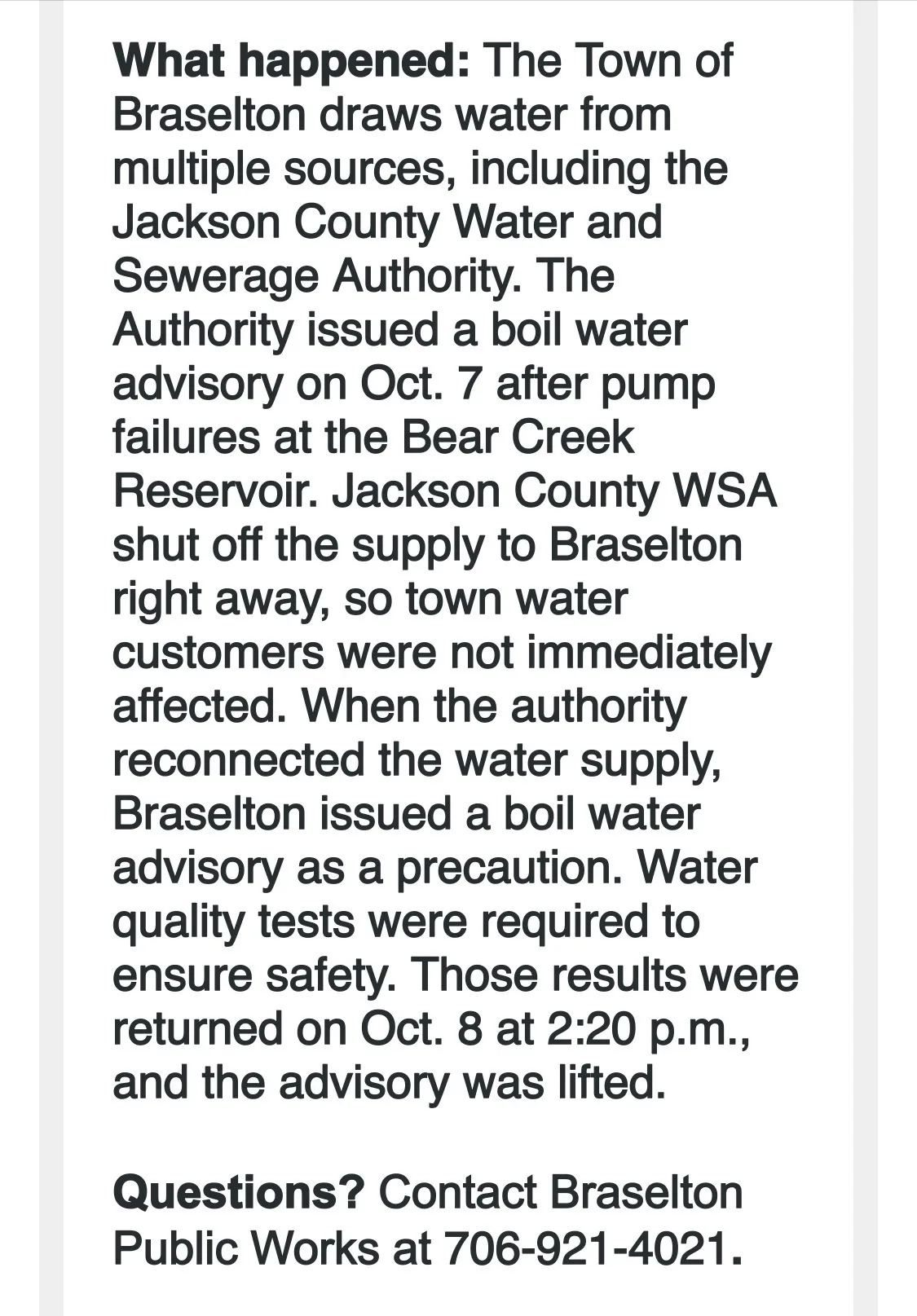 Notice explaining the Bear Creek Reservoir pump failure timeline and the lifted boil water advisory, from the water authority.