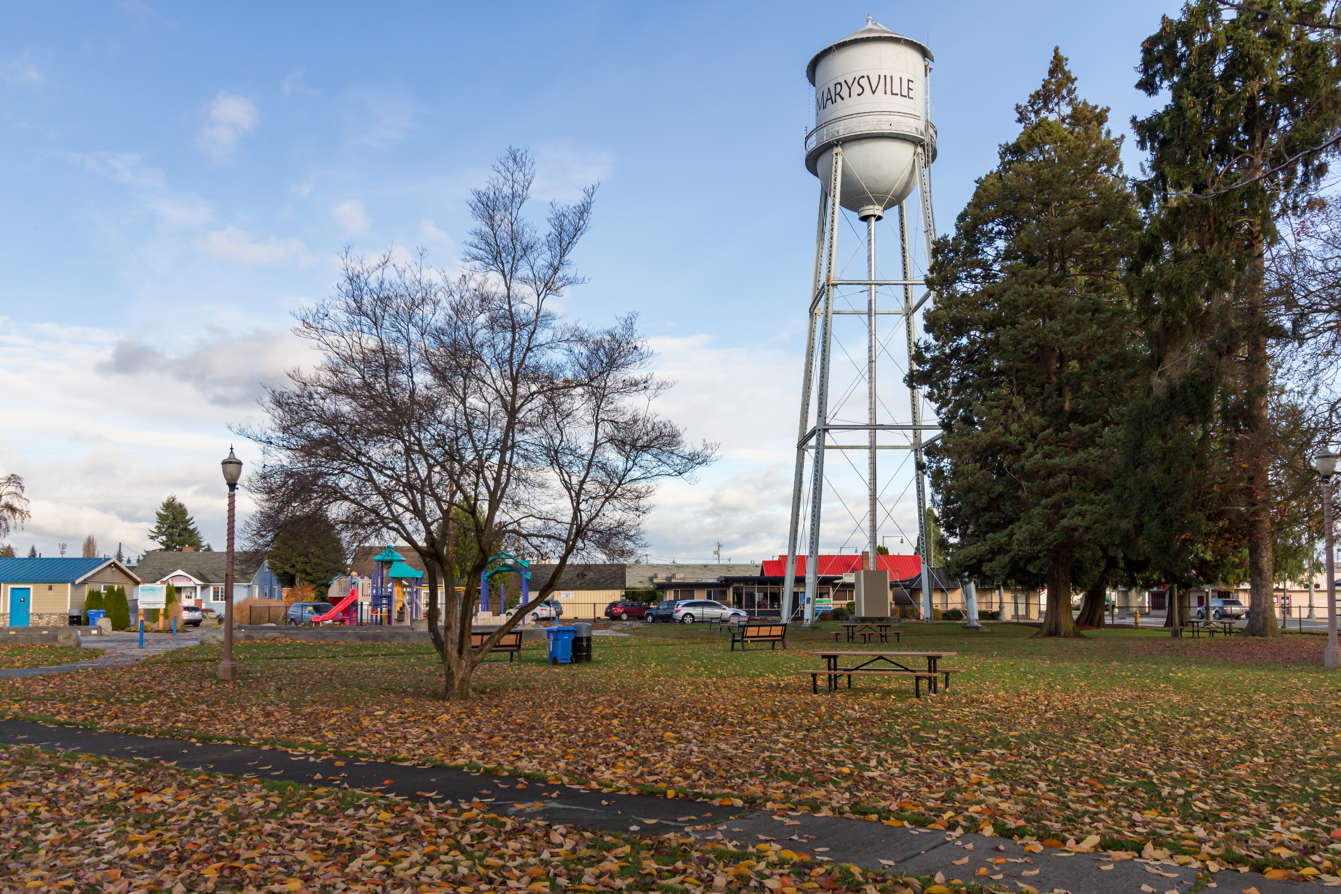 The historic Marysville water tower rising beside a park in downtown Marysville, Washington