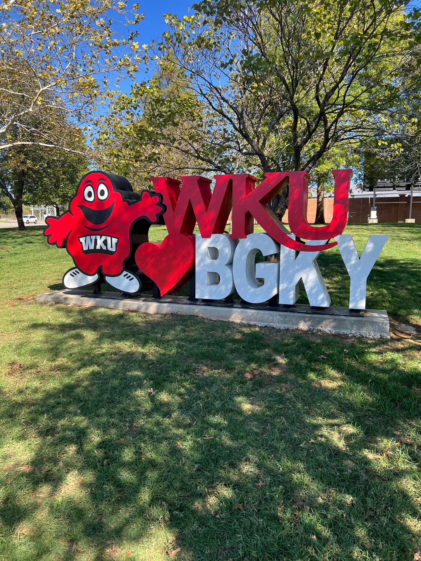 The I heart WKU BGKY sign with the Big Red mascot on Western Kentucky University's campus in Bowling Green