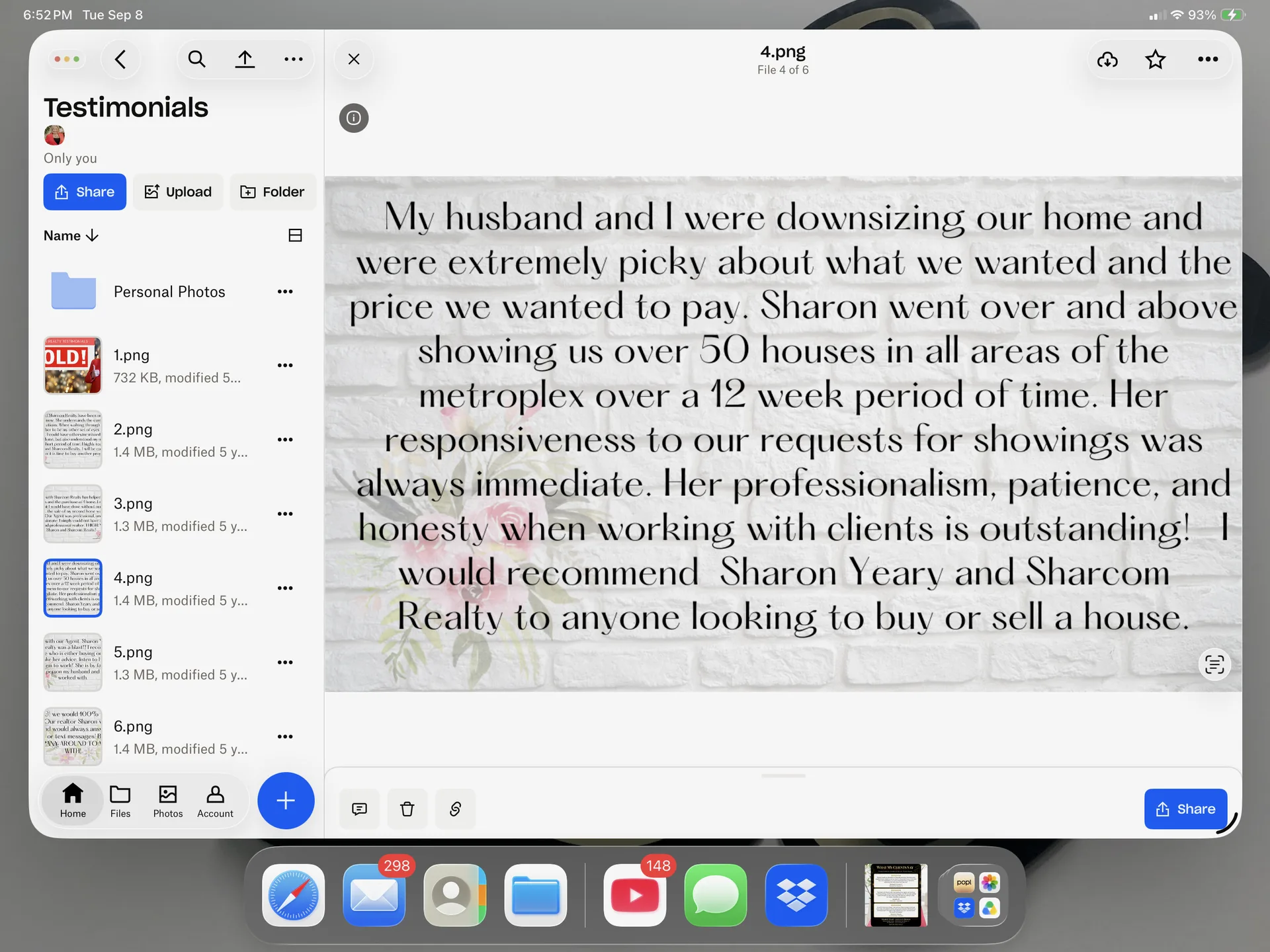 A client review card sharing a recommendation for Sharon Yeary of Sharcom Realty Group