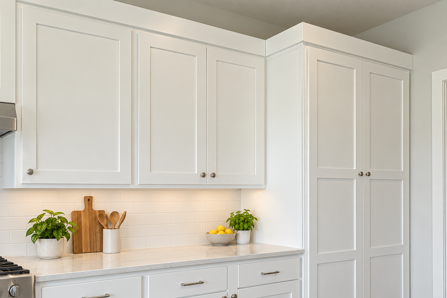 A bright minimalist kitchen with white shaker cabinets