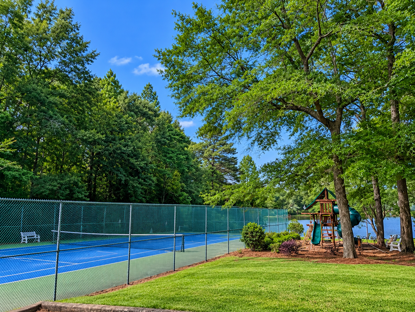 Park and tennis court in Foxchase on Emerald Lake, Opelika, Alabama