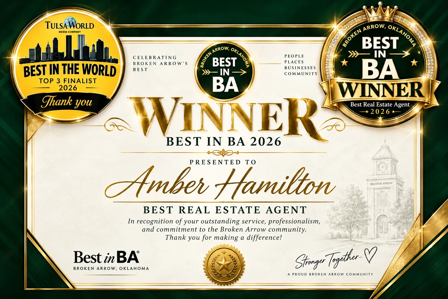 Award certificate presented to Amber Hamilton: Winner, Best in BA 2026, Best Real Estate Agent, with Tulsa World Best in the World 2026 Top 3 Finalist