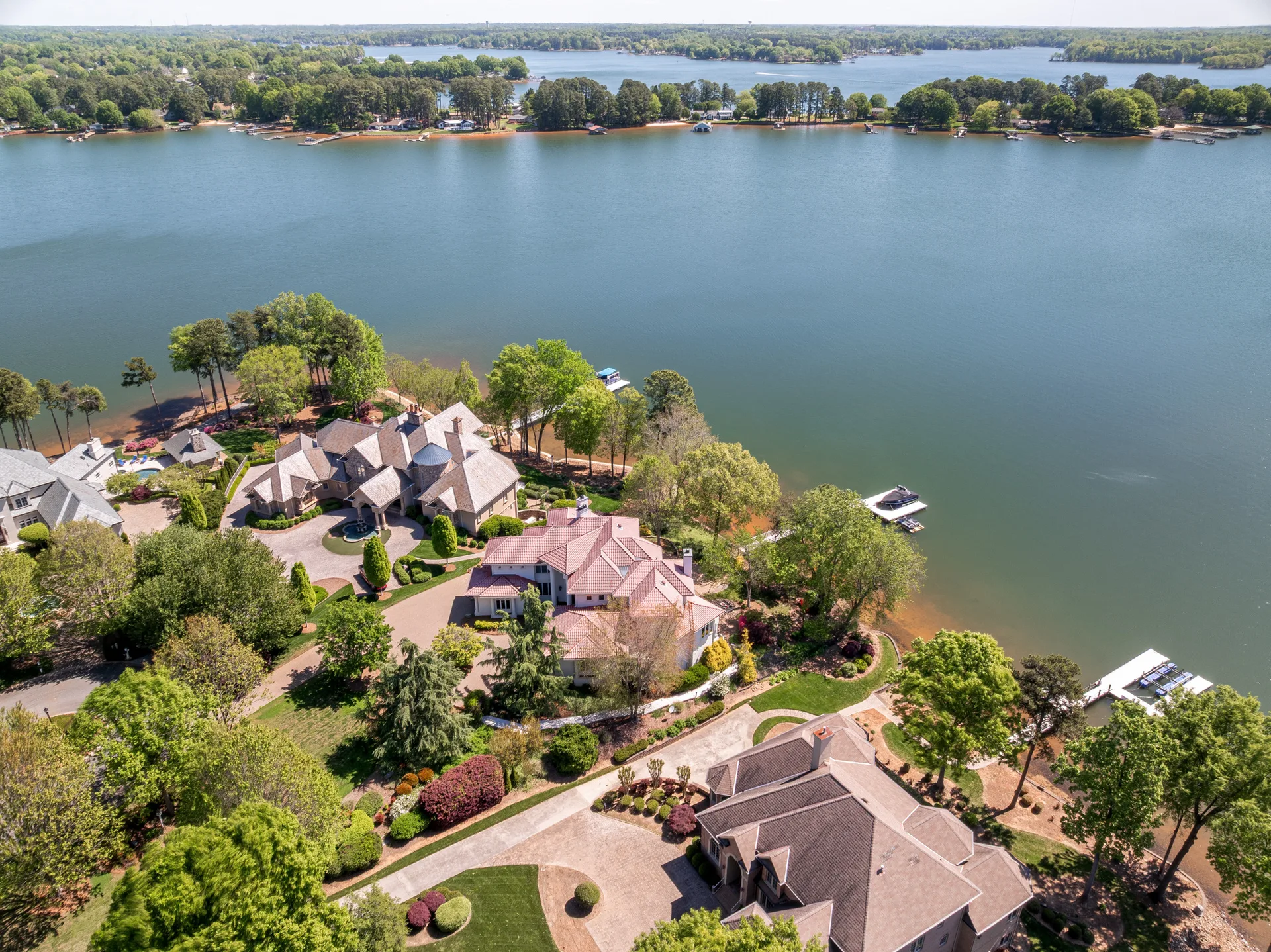 Aerial view of Mooresville NC waterfront community with Lake Norman