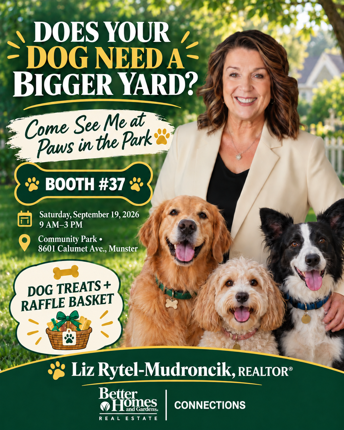 Paws in the Park event flyer inviting the community to Munster Community Park on Saturday, September 19, with the headlines 'Does Your Dog Need a Bigger Yard?' and 'Come See Me at Paws in the Park'