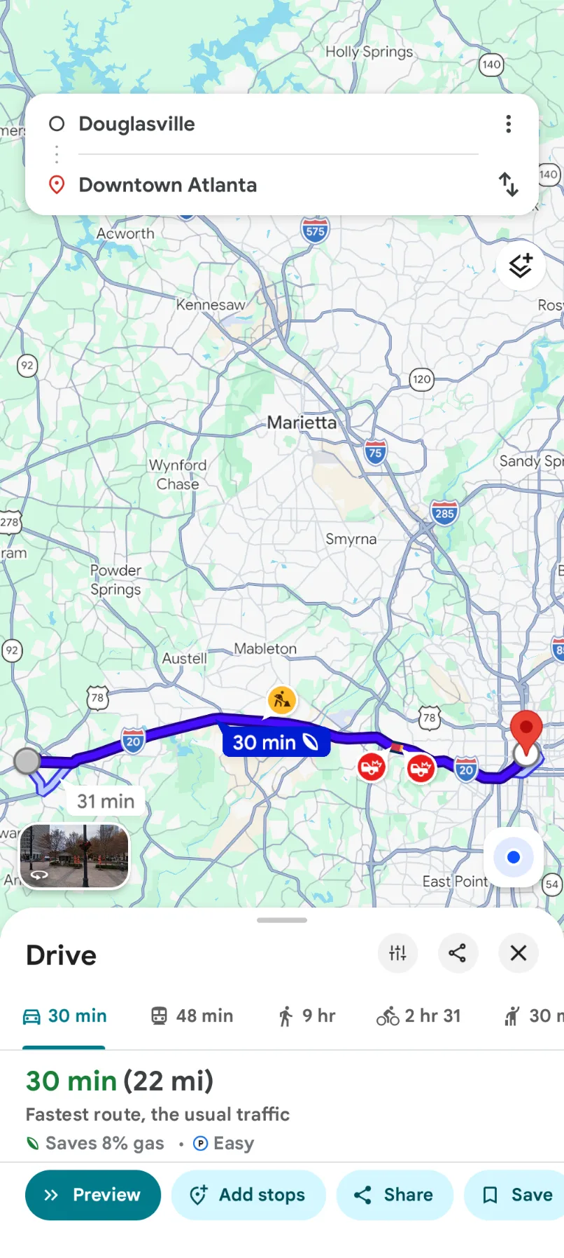Google Maps directions from Douglasville to Downtown Atlanta showing about a 30 minute drive