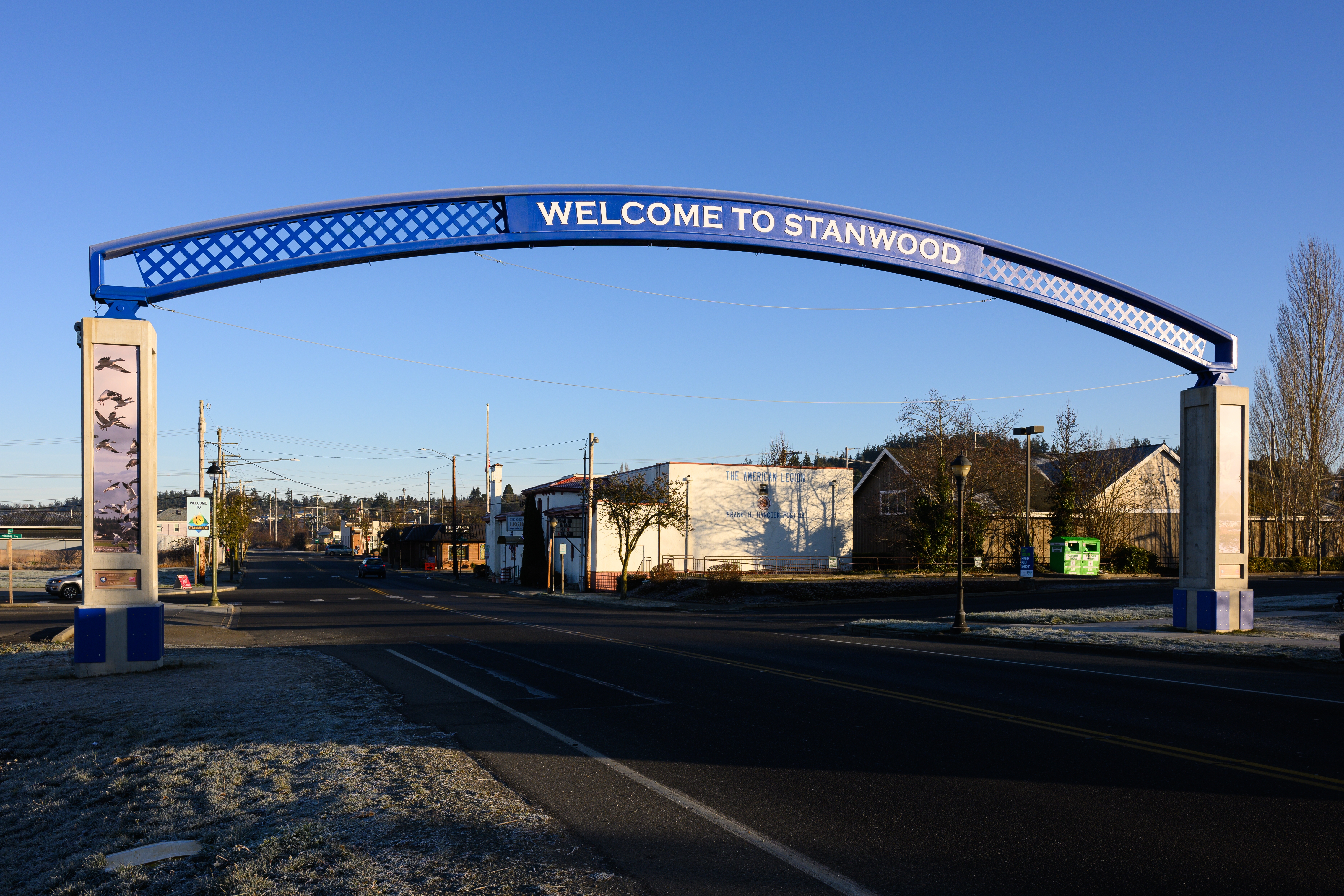 The Welcome to Stanwood archway, the landmark entrance gateway marking the way into historic downtown Stanwood, Washington
