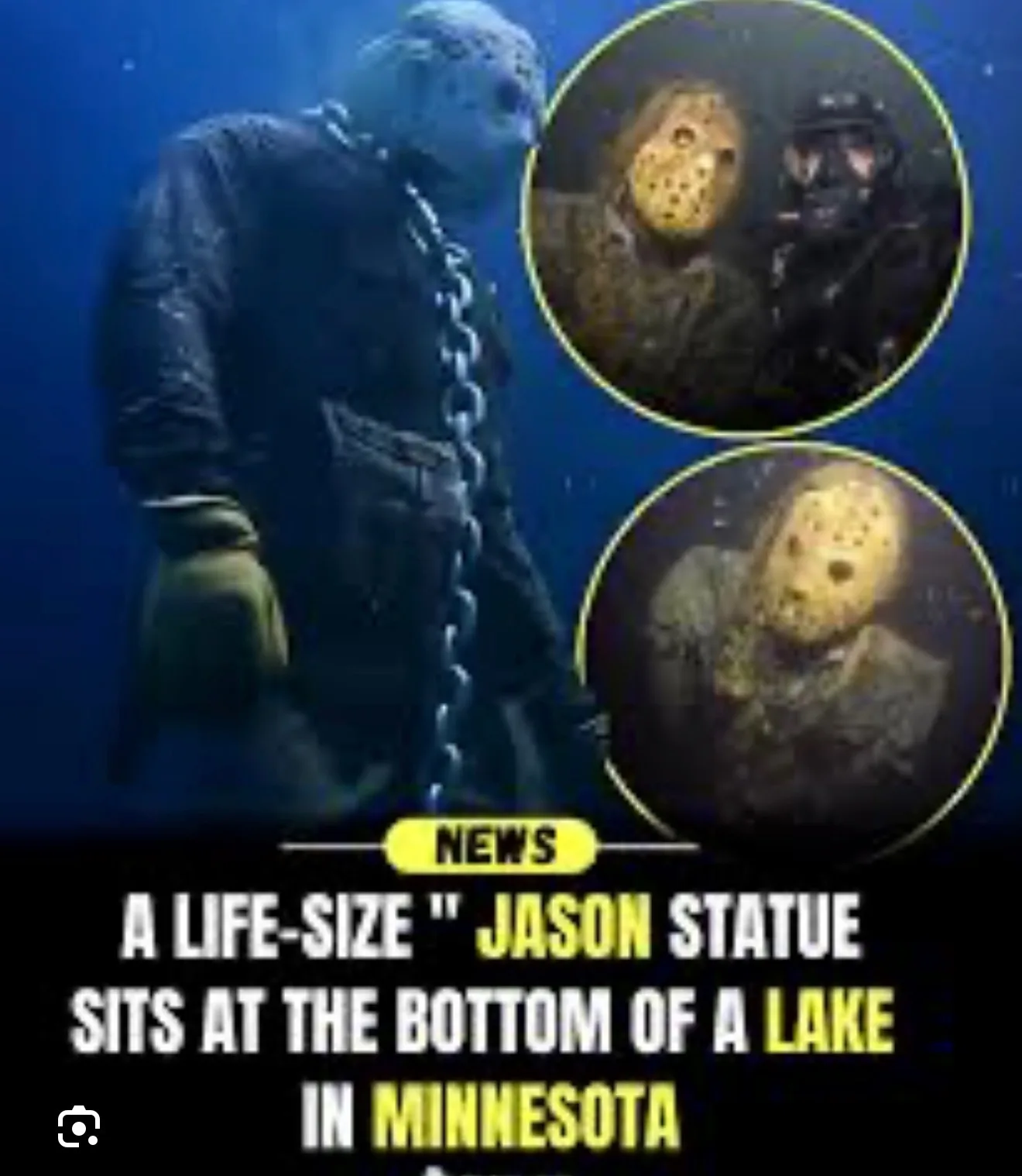 Underwater photograph of the Jason Voorhees statue submerged on the bottom of Square Lake, with divers' silhouettes visible in the clear water above
