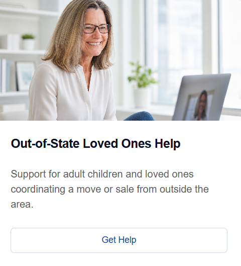 Out-of-State Loved Ones Help: a card with the title, subtitle, and a Get Help button