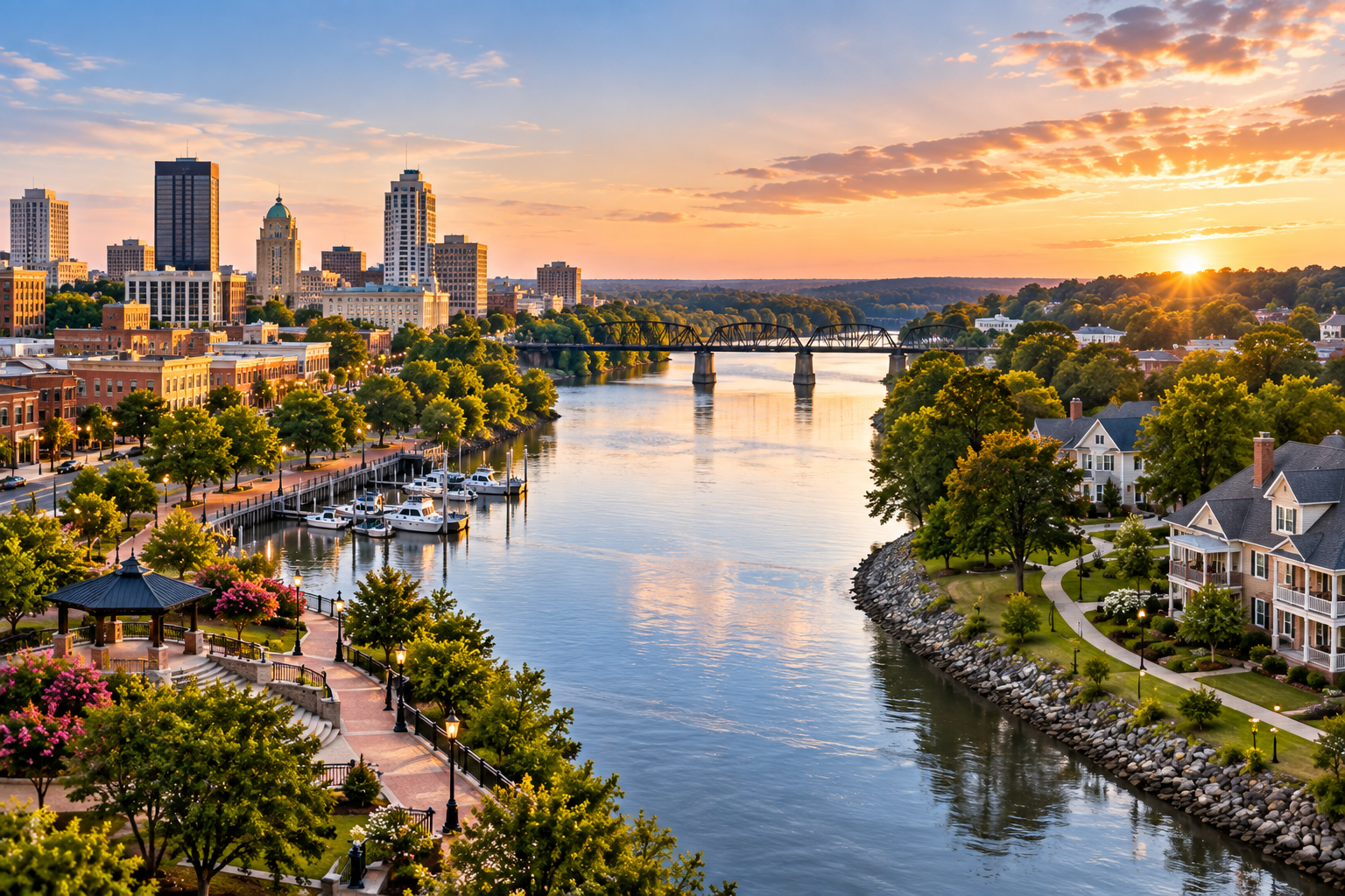 Panoramic view of the Savannah River with Augusta, Georgia on one side and the more residential North Augusta, South Carolina side across the water