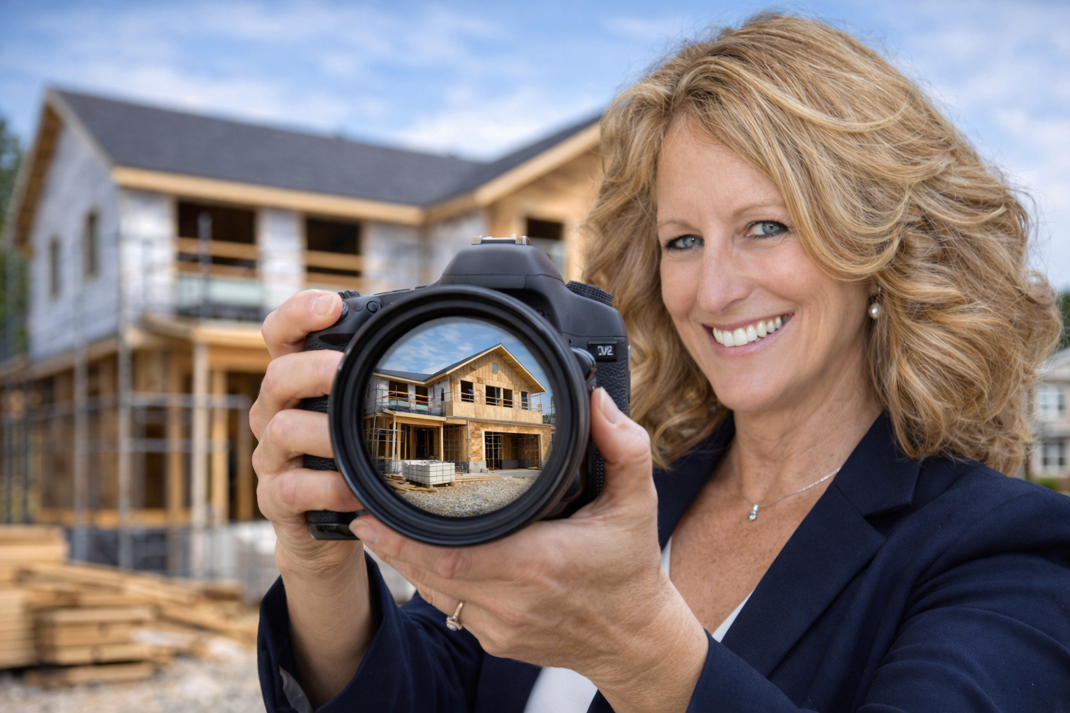 Barbara Jennings, REALTOR® with eXp Realty, holding a camera at a new construction site