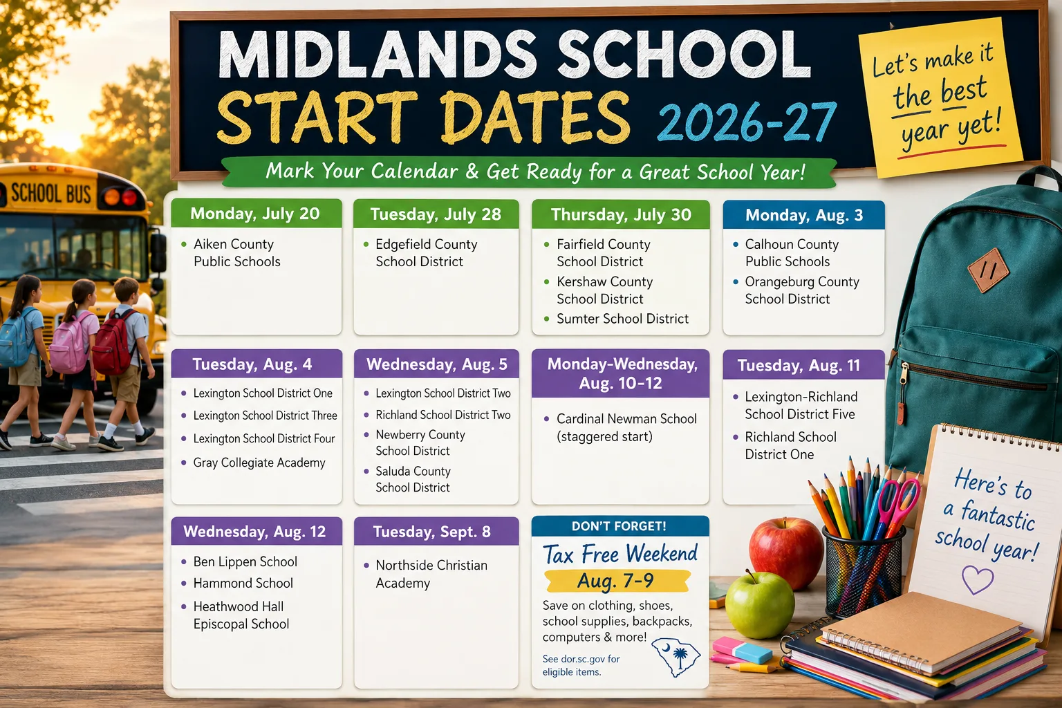 School start date schedule graphic showing 2026-27 calendar for Midlands districts