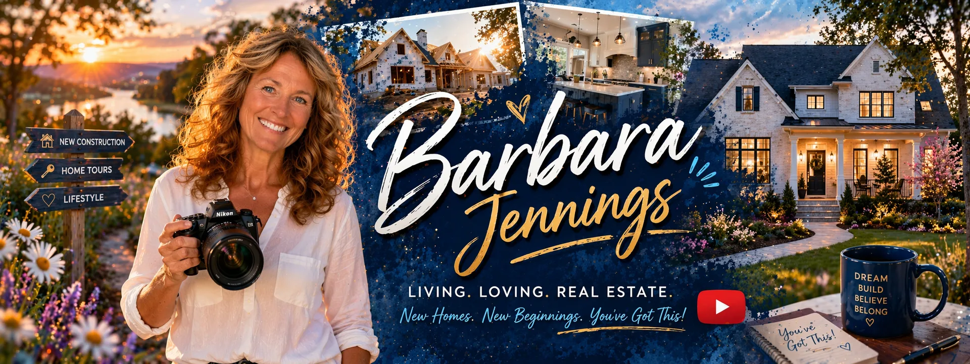 Barbara Jennings — Living. Loving. Real Estate. Wide promotional banner featuring Barbara Jennings holding a camera with home and lifestyle imagery