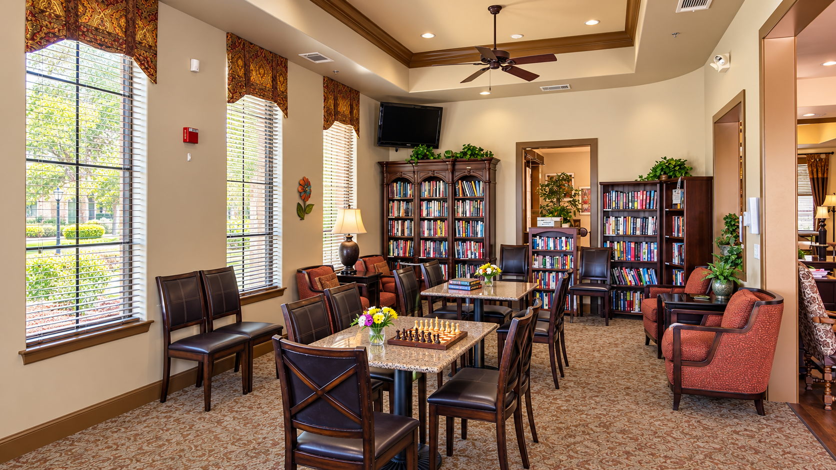 Library and card room at Eskaton Village Roseville, an indoor gathering amenity for 55+ residents