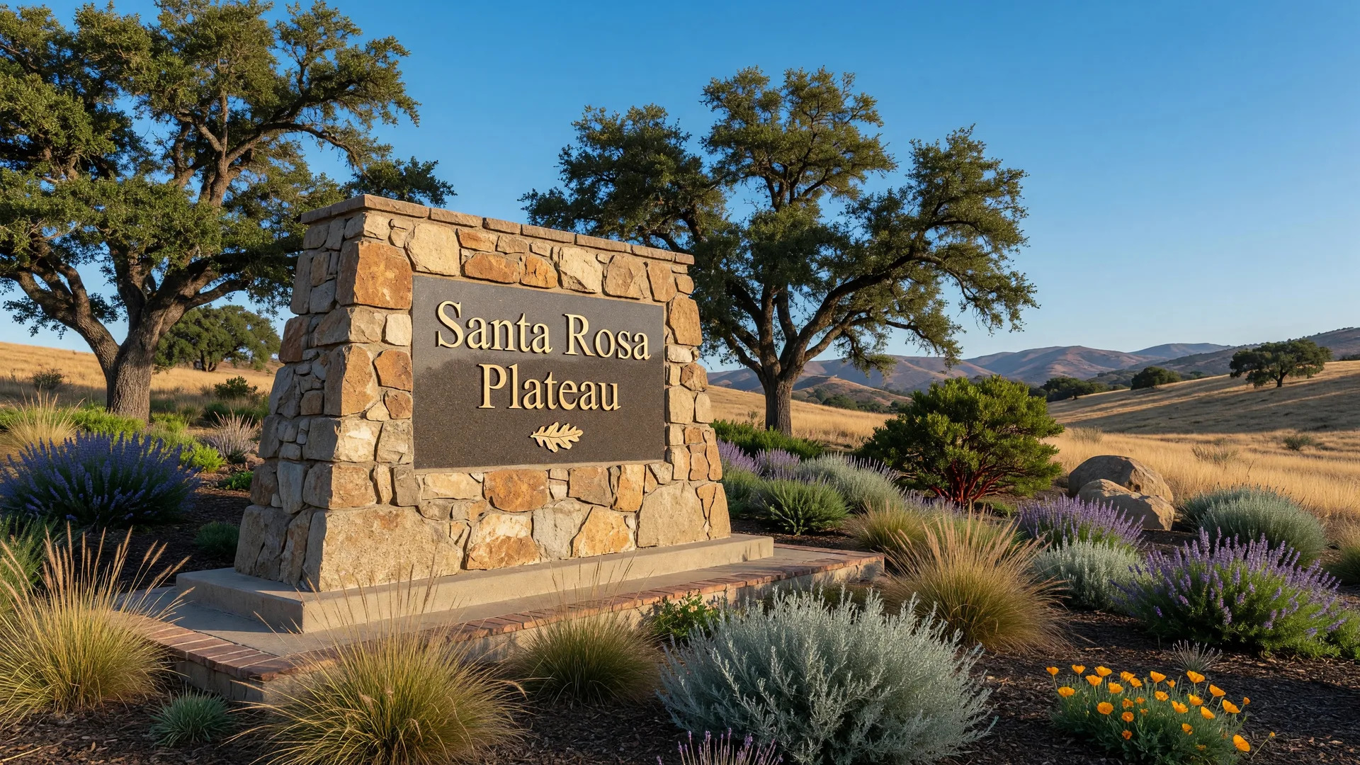 Sweeping vista of the Santa Rosa Plateau Ecological Reserve in Murrieta with golden hills, oak woodlands, and a warm sunset sky