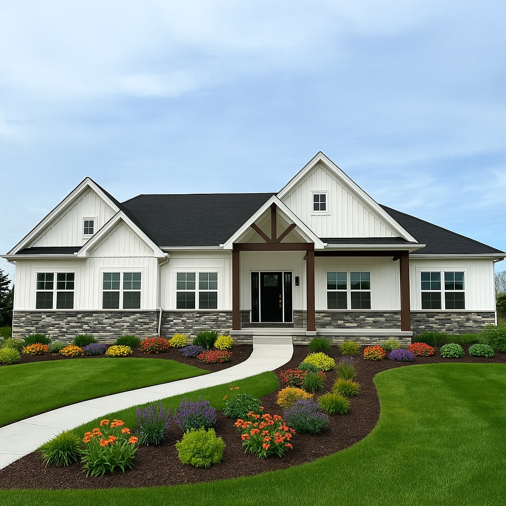 White board-and-batten Modern Farmhouse by Big Sky Development with stone veneer, wooden porch beams, and colorful flower landscaping