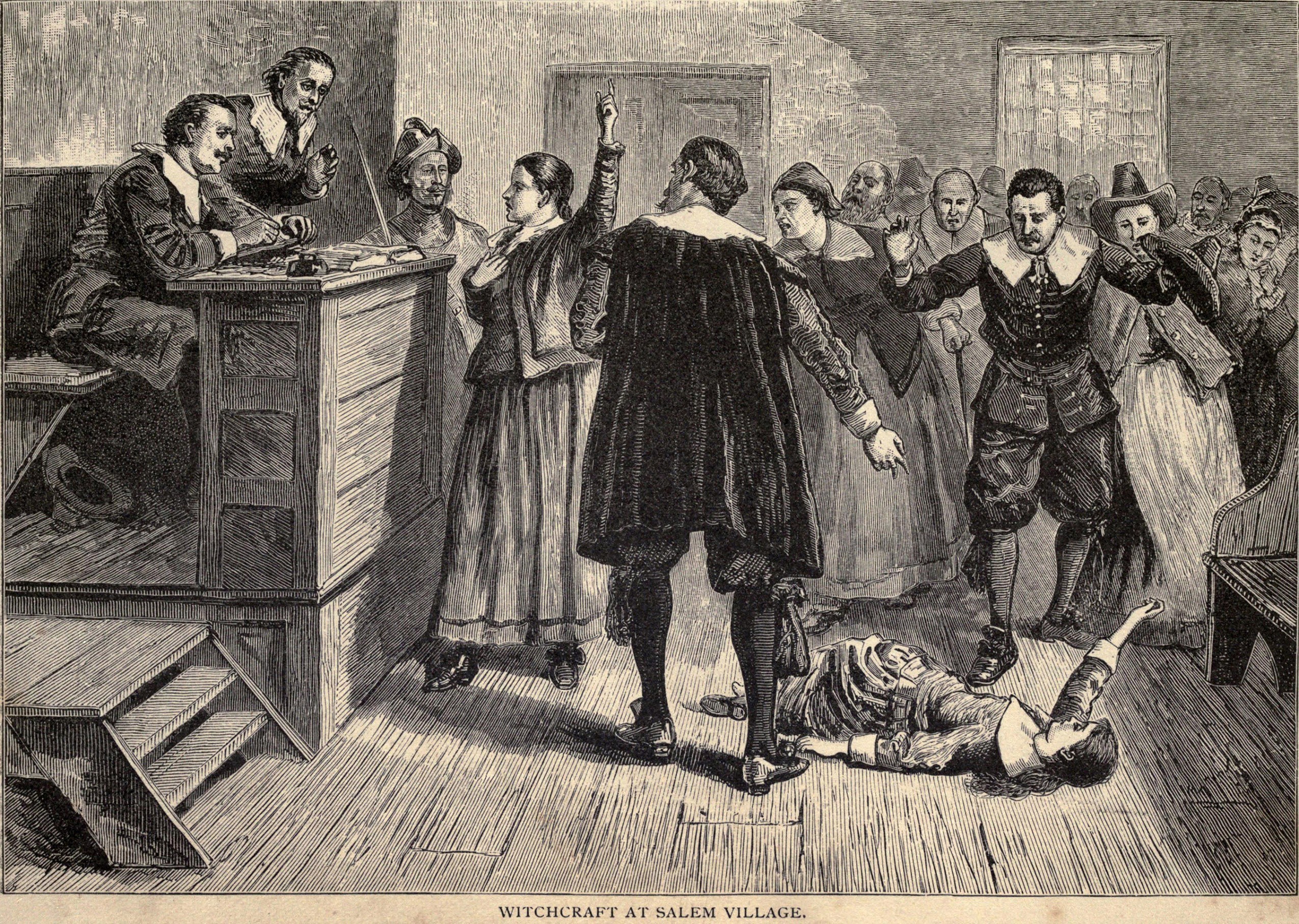 Historical engraving of the Salem Village witch trial scene from 1692