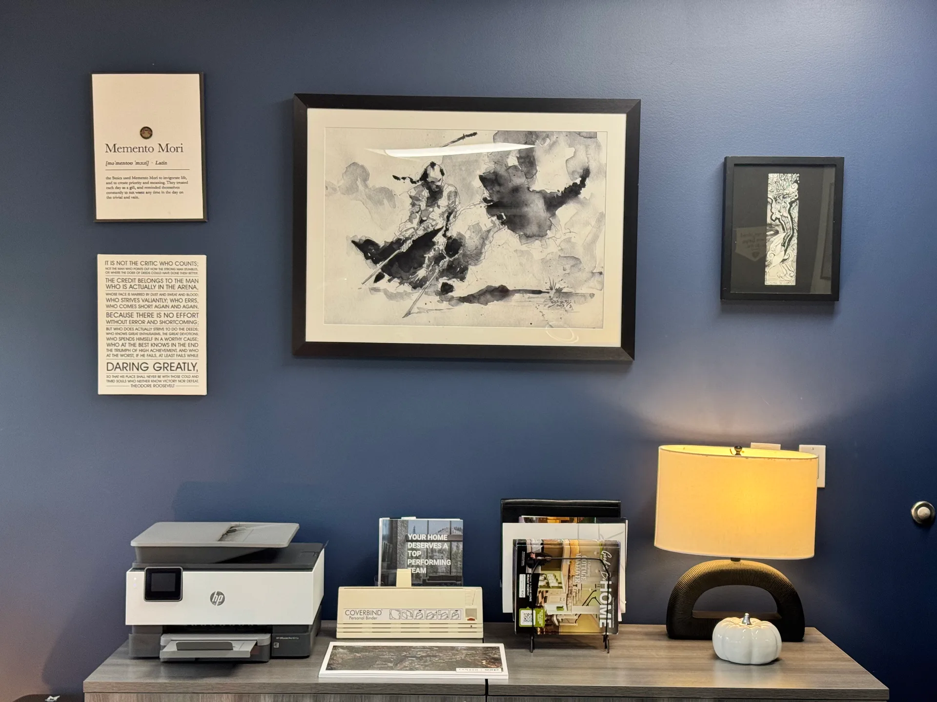 Original painting by Walt Bayless that hangs on Belladonna's office wall, mastery that looks like stillness inside motion