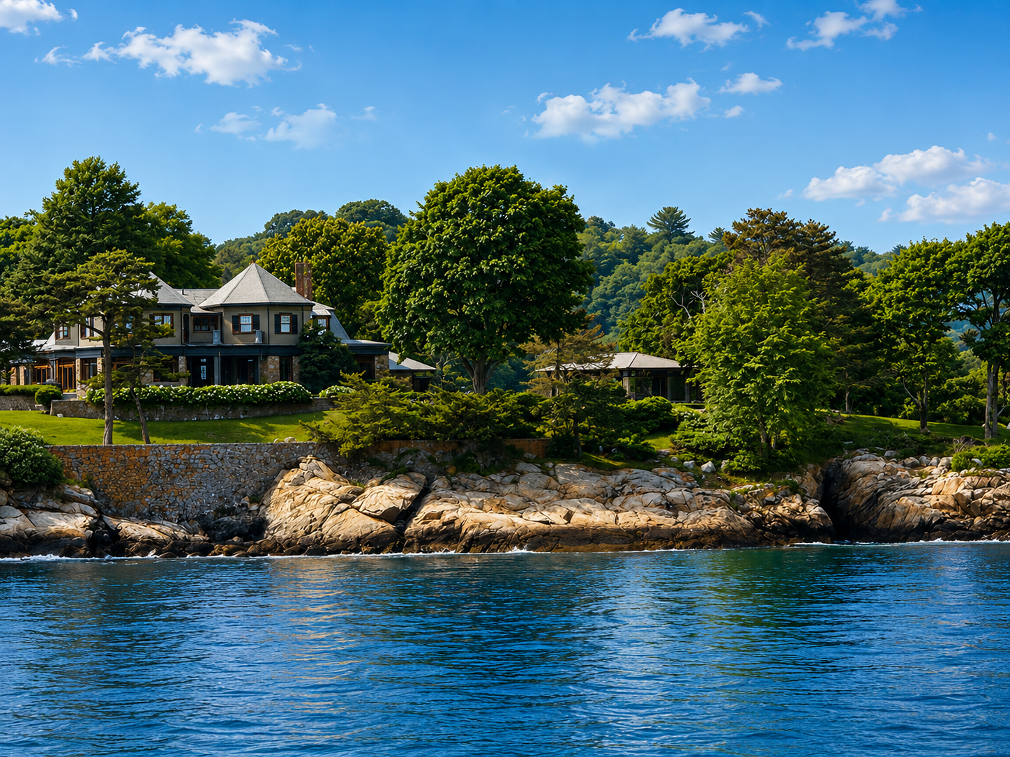 A real photograph of a coastal home in Manchester-by-the-Sea, Massachusetts, shown in full view