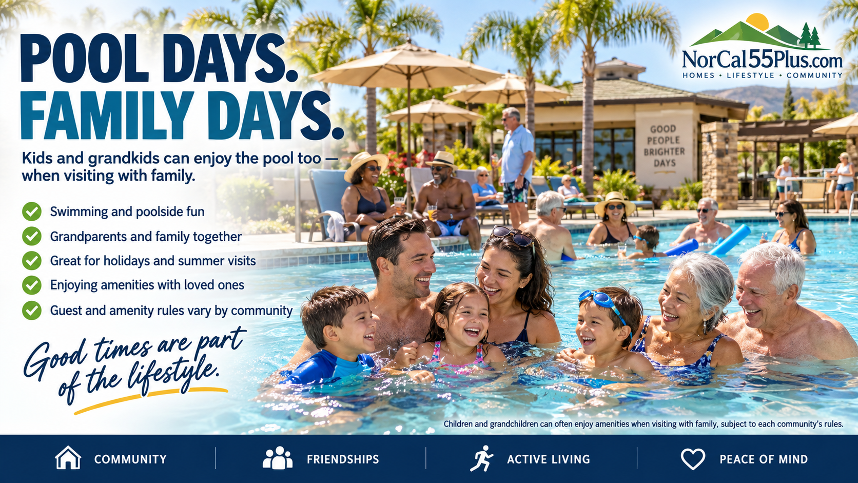 Video slide listing daily activity choices in a 55+ community: walking, fitness, pickleball, hobbies, golf, and clubs