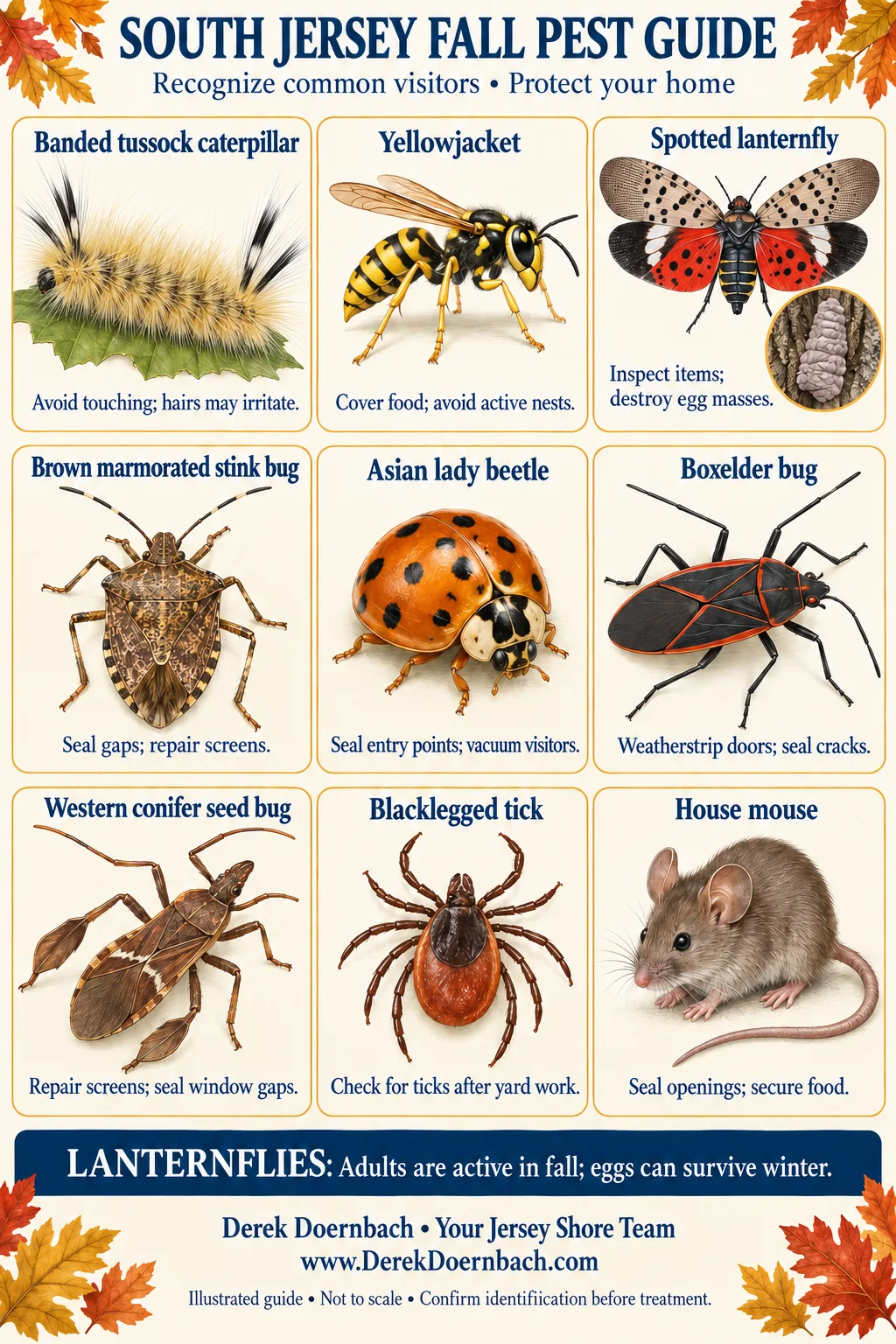 Illustrated South Jersey fall pest guide showing a banded tussock caterpillar, yellowjacket, spotted lanternfly and egg mass, stink bug, Asian lady beetle, boxelder bug, western conifer seed bug, blacklegged tick and house mouse.