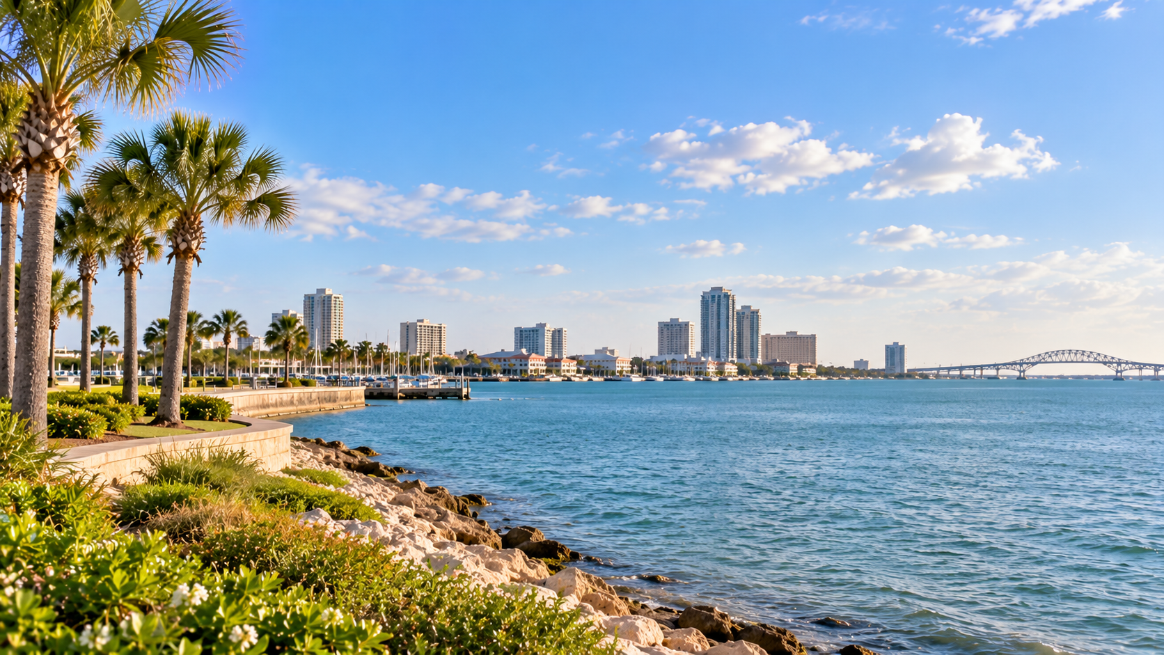 A scenic sunny coastal view of a Corpus Christi city skyline across the bay, with a palm-lined rocky shoreline in the foreground, blue water, high-rise buildings, and a bridge in the distance.