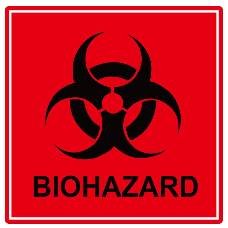 Biohazard warning sign with red background and black biohazard symbol indicating biological infection risks