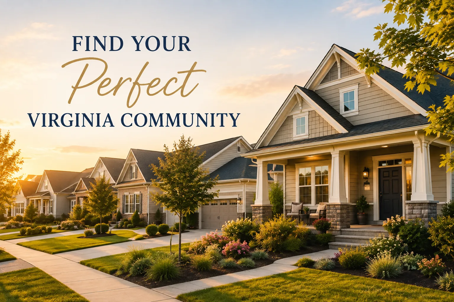 Suburban homes at sunset with text Find Your Perfect Virginia Community