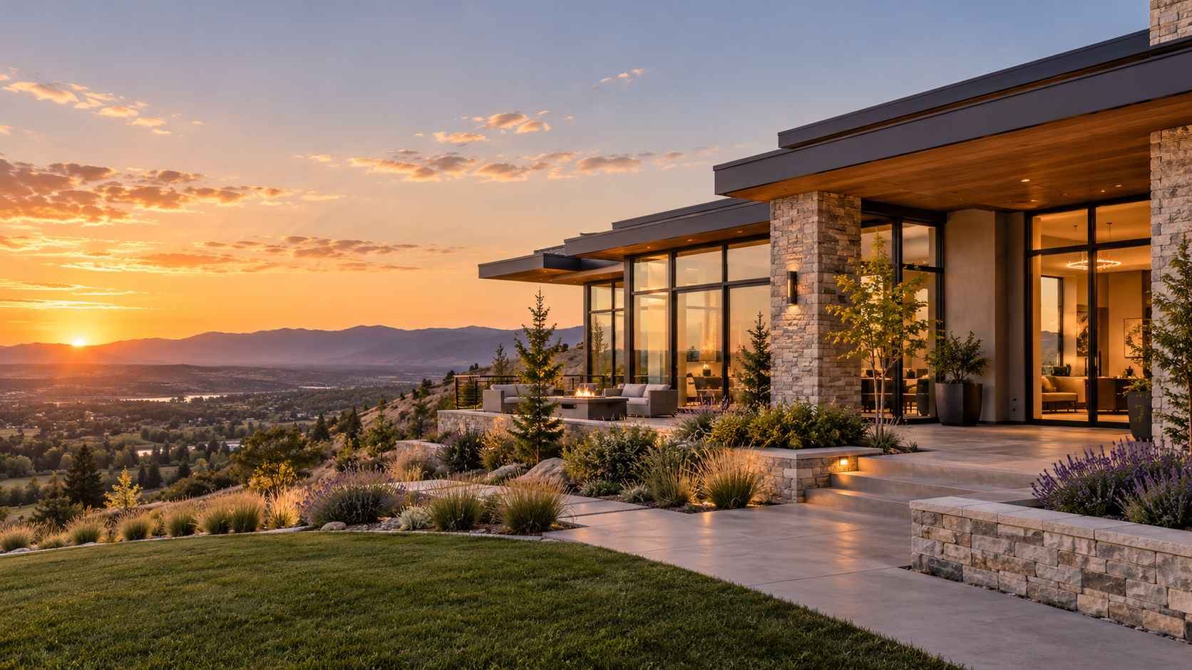 A modern hillside home at sunset in the Treasure Valley