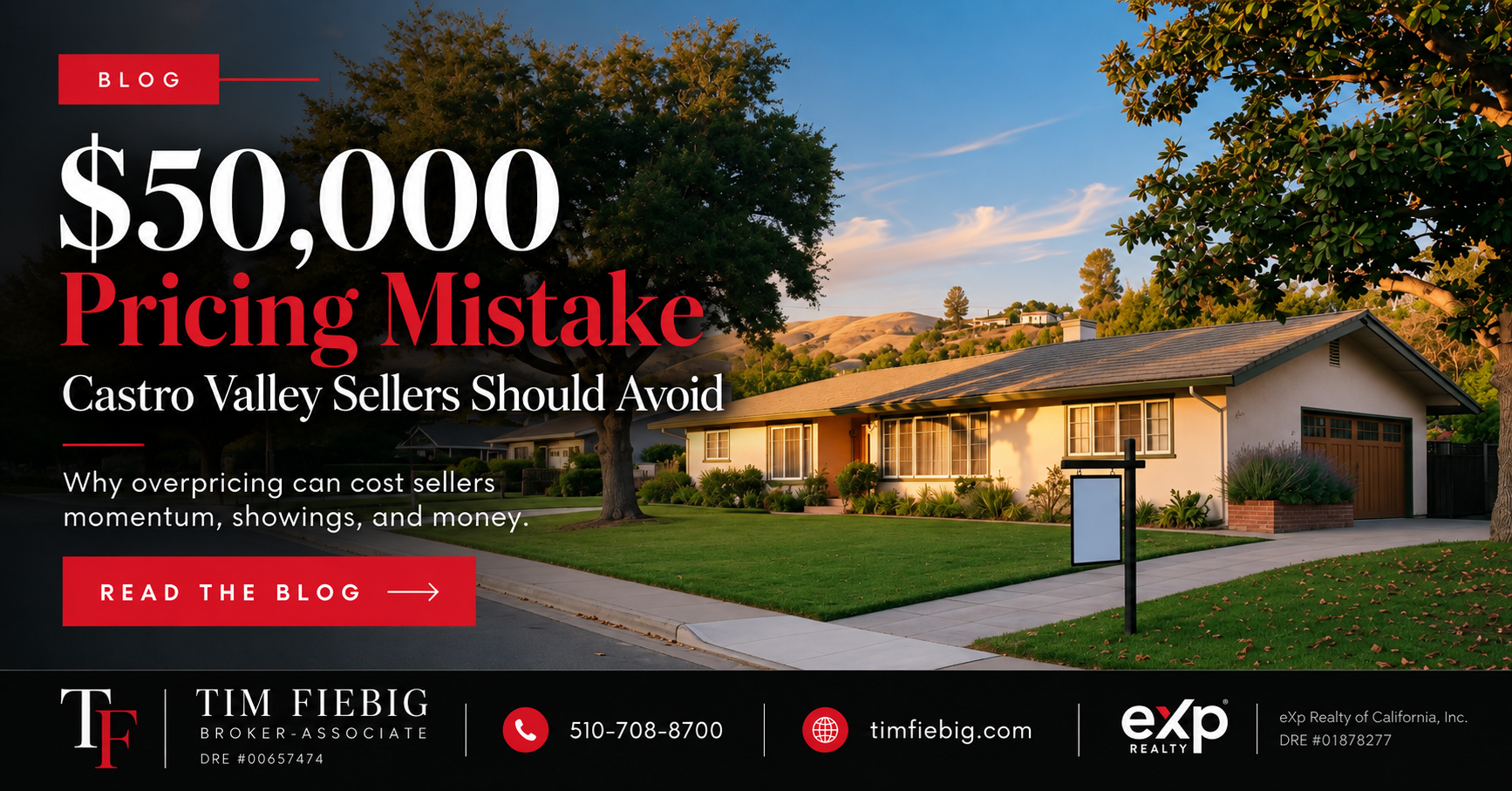 A California ranch-style home in the East Bay hills with a for-sale sign by the street at golden hour