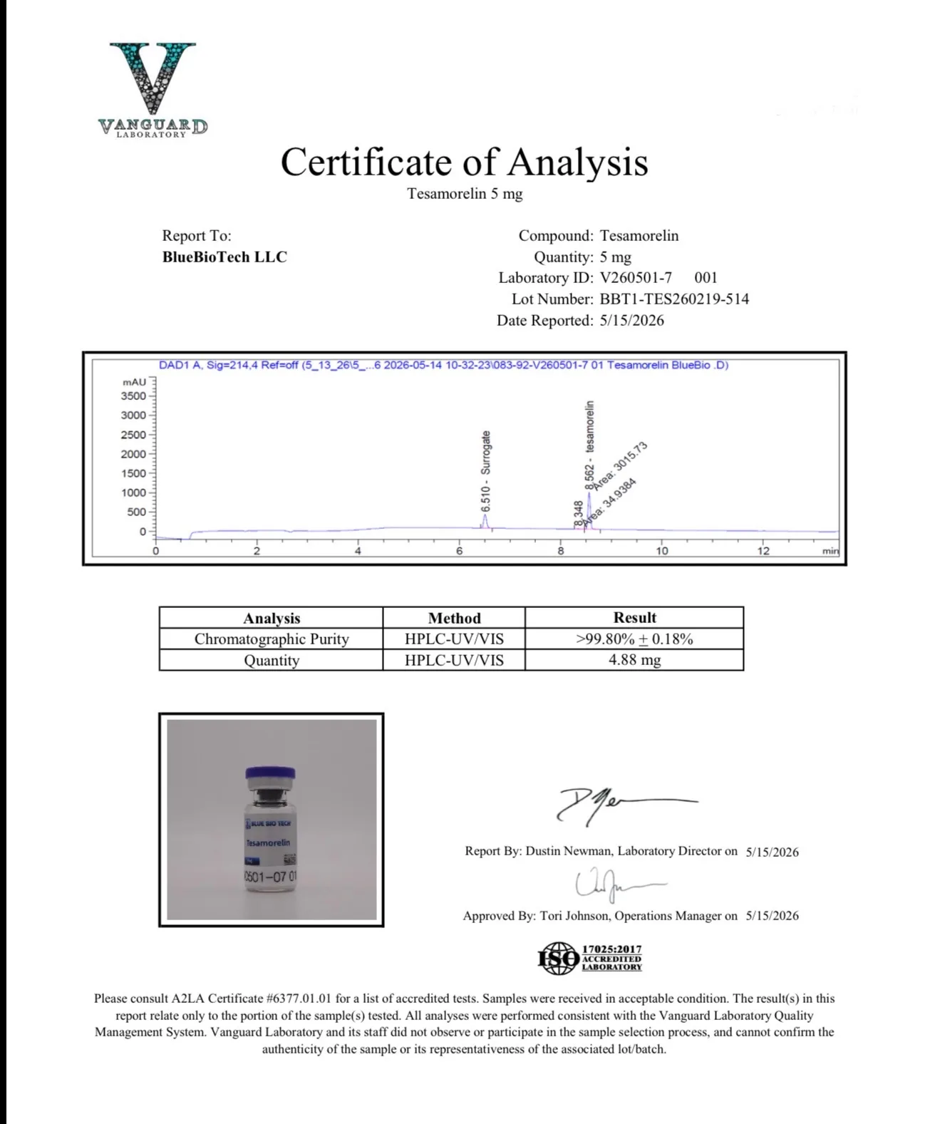 Example Certificate of Analysis from Vanguard Laboratory for Tesamorelin 5 mg, shown as a sample of a client's batch documentation