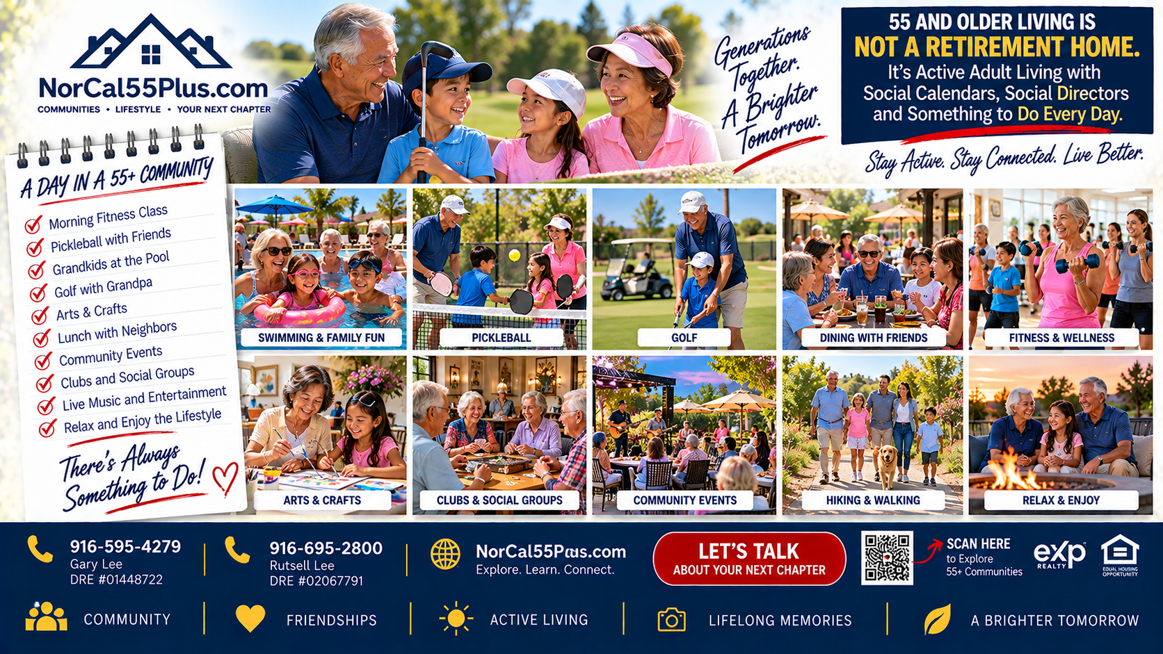 Video slide showing grandparents and grandchildren enjoying a golf or golf-cart outing in a 55+ community