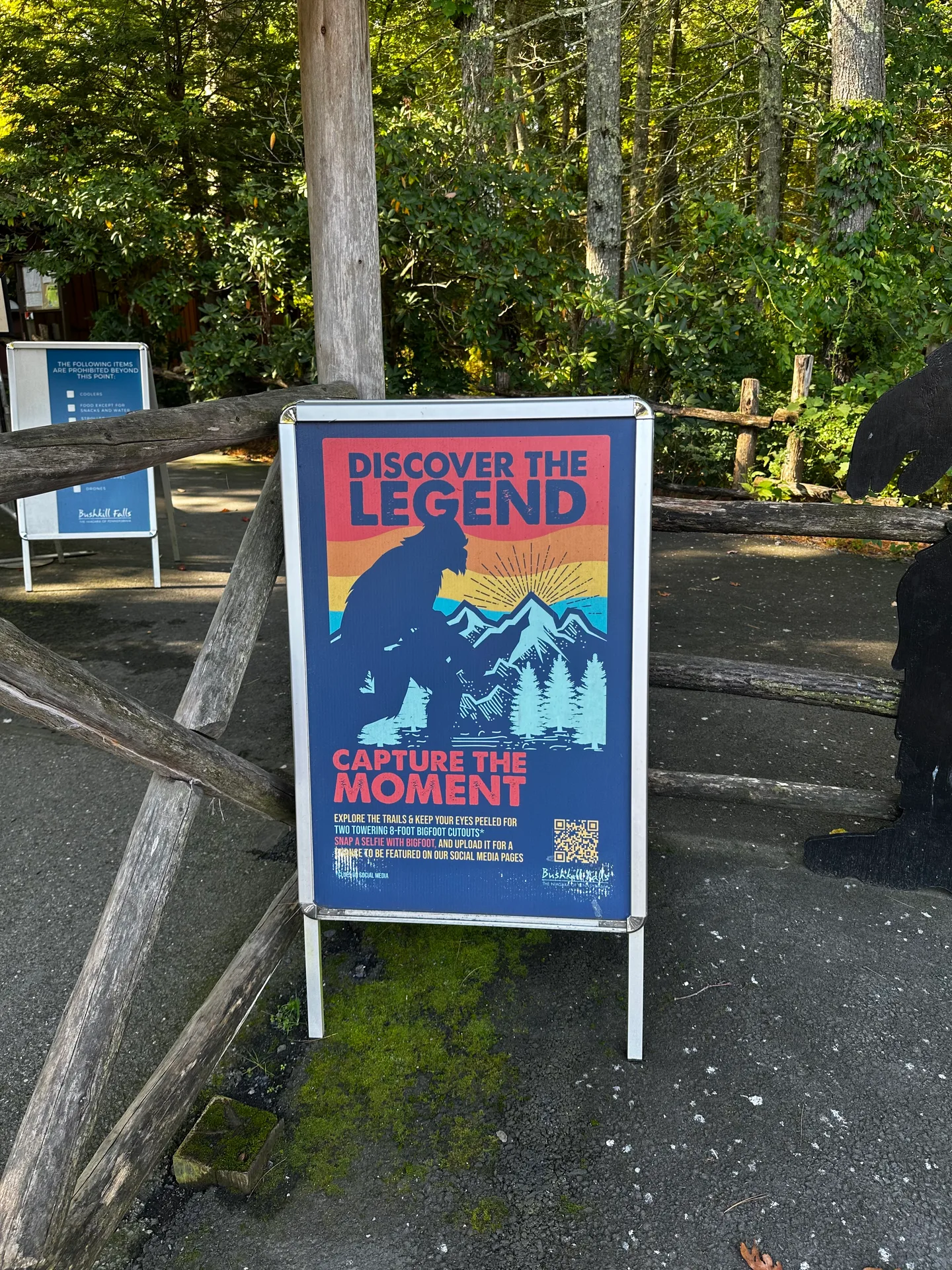 A 'Discover the Legend' Bigfoot sign near the Bushkill Falls trail entrance