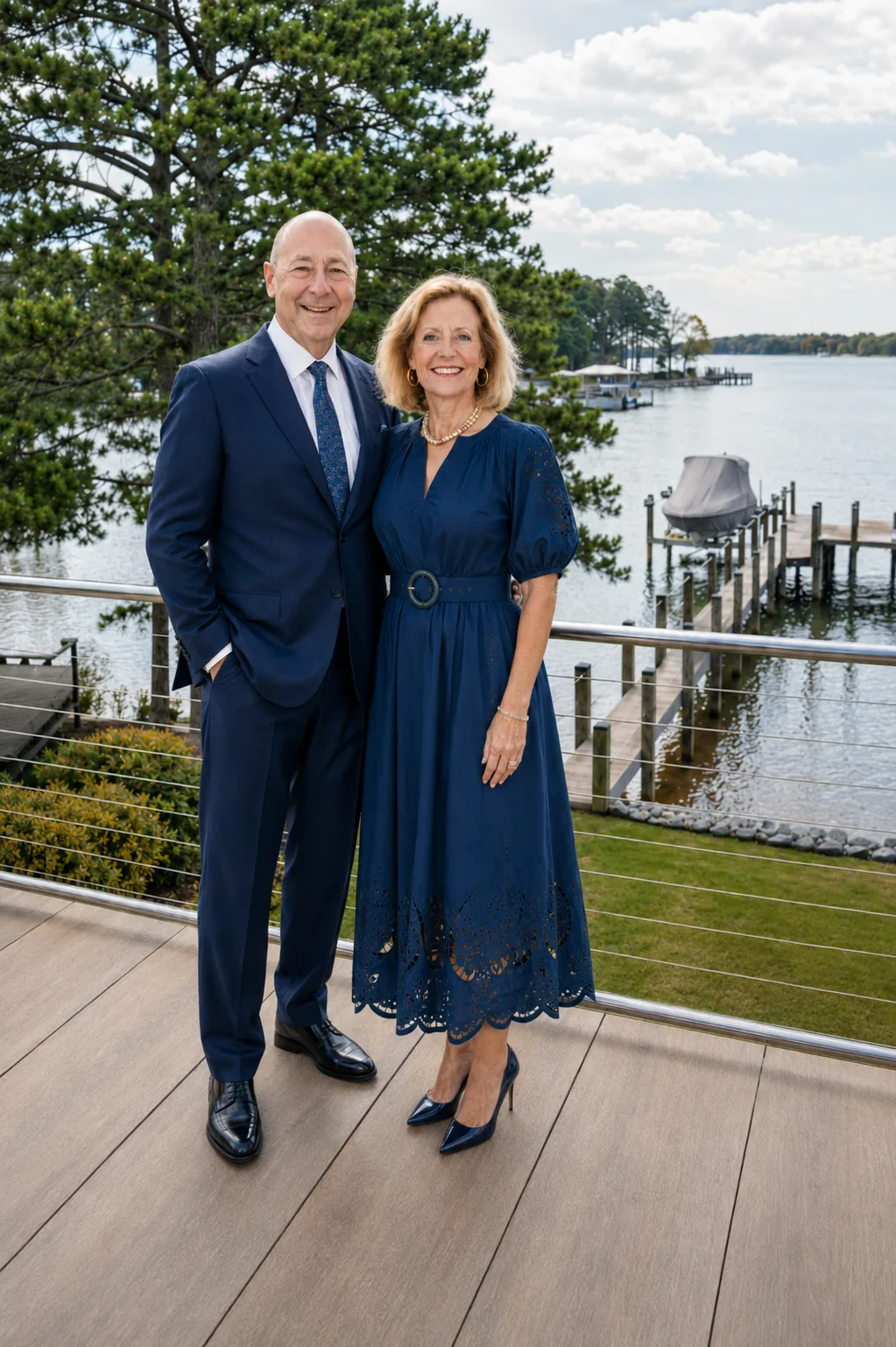 Vic and Amy Petrenko on a sunny waterfront deck with Lake Norman in the background