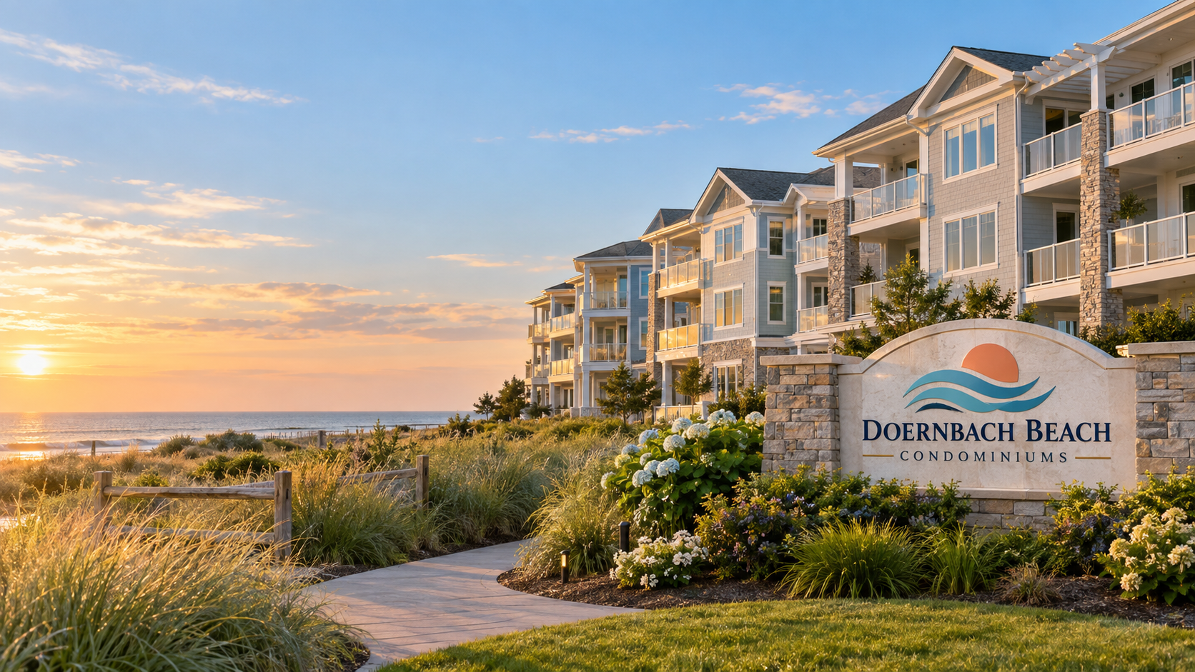 A modern mid-rise condominium community in South Jersey with stacked balconies and manicured landscaping