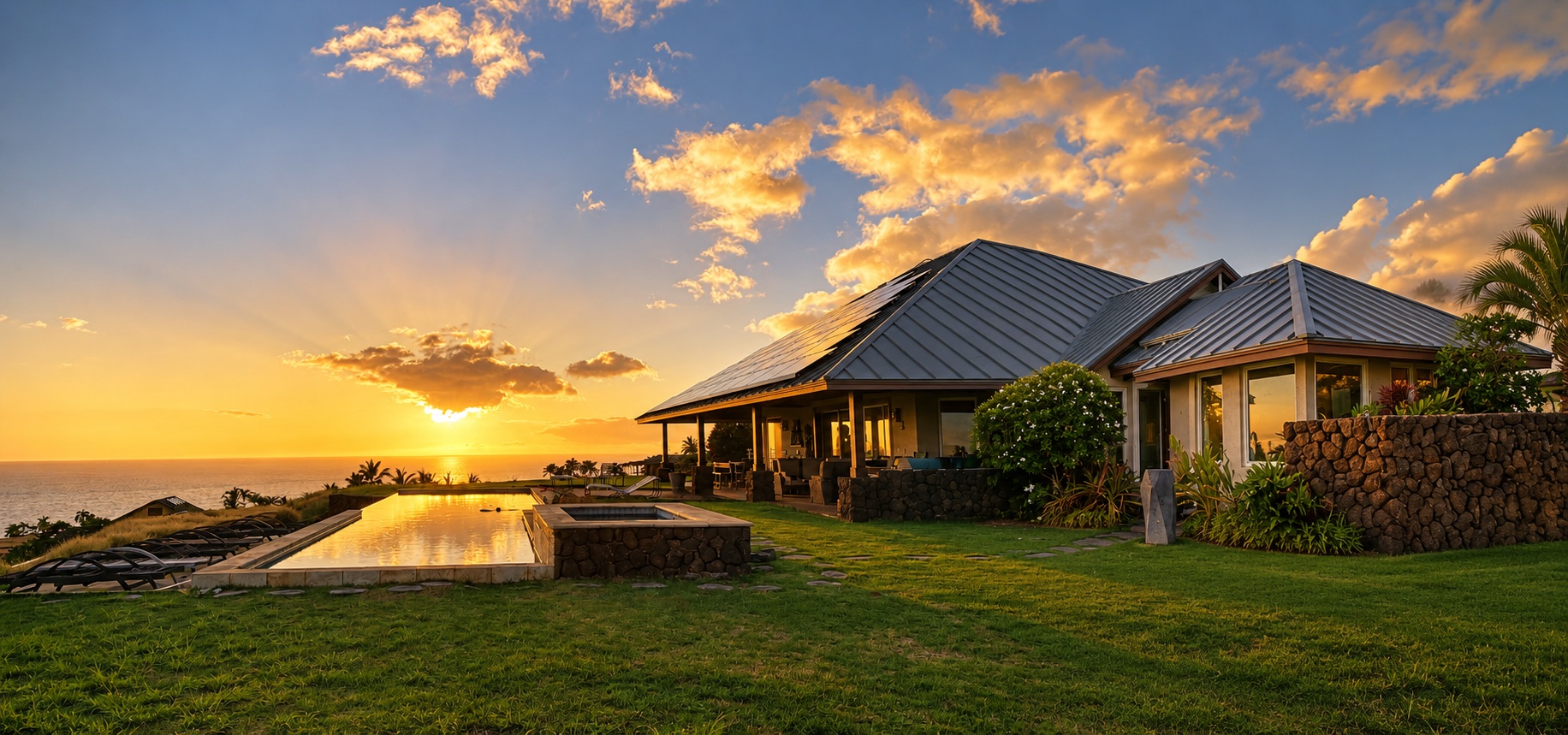 A single-family Kohala Coast home with a tropical garden and ocean view at sunset