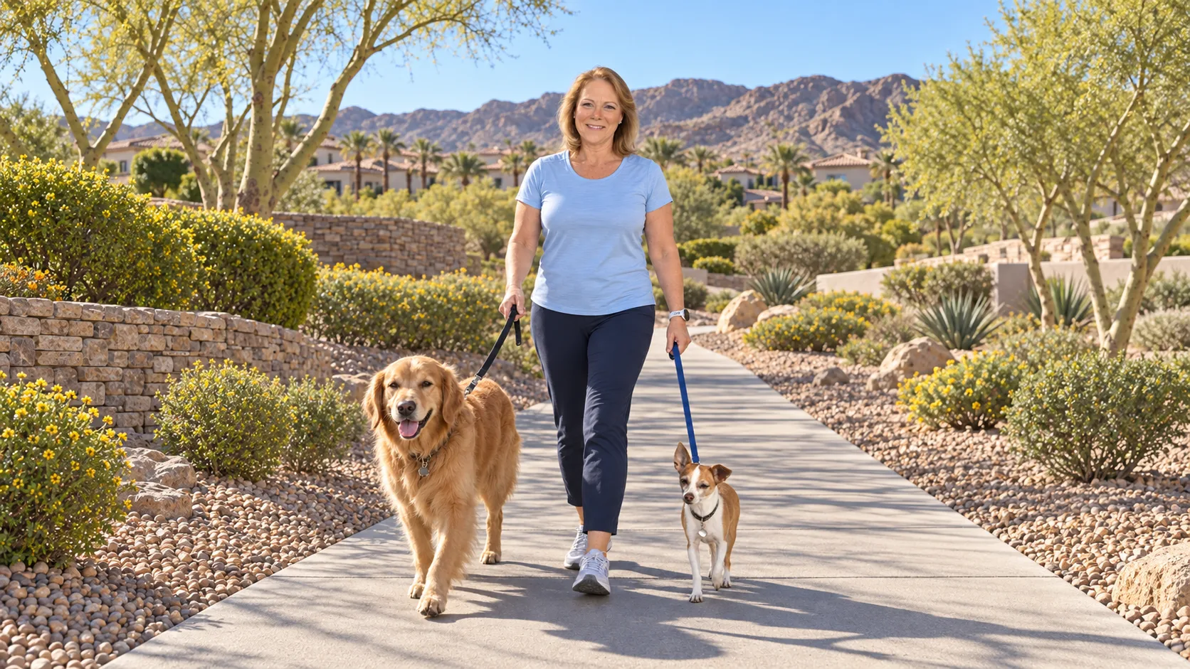 Bev Prock walking her golden retriever and small mixed-breed dog along a paved path in a sunny Henderson desert community