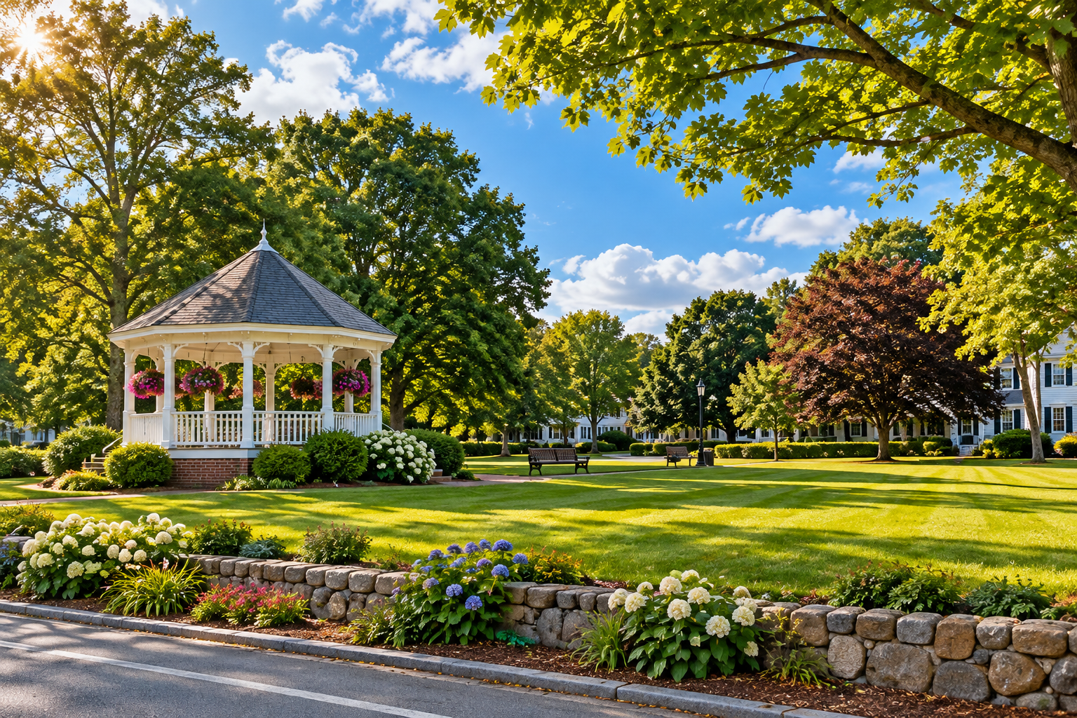 A sunlit New England town green