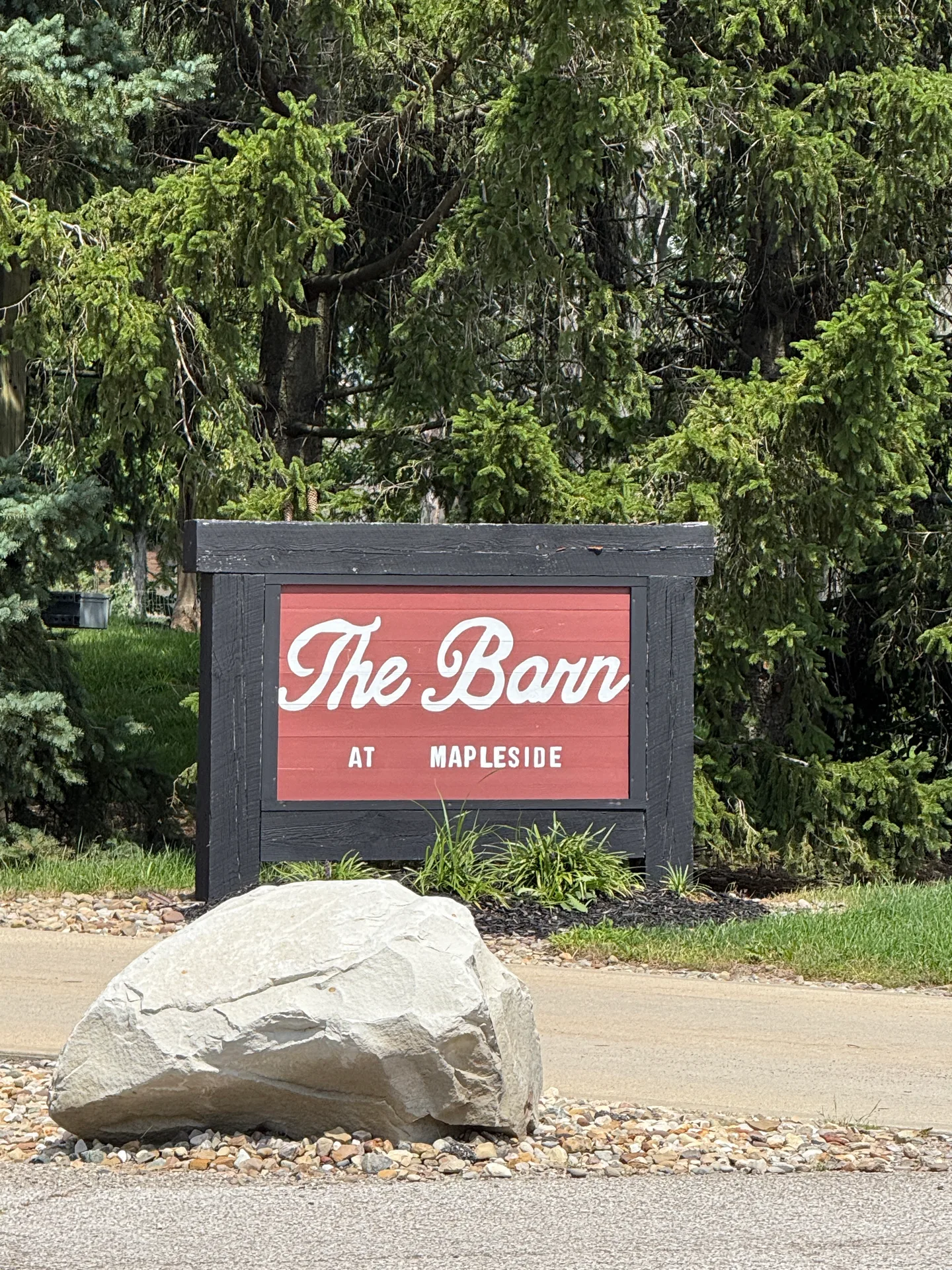 Barn sign with landscaping at Mapleside Farms in Brunswick, Ohio