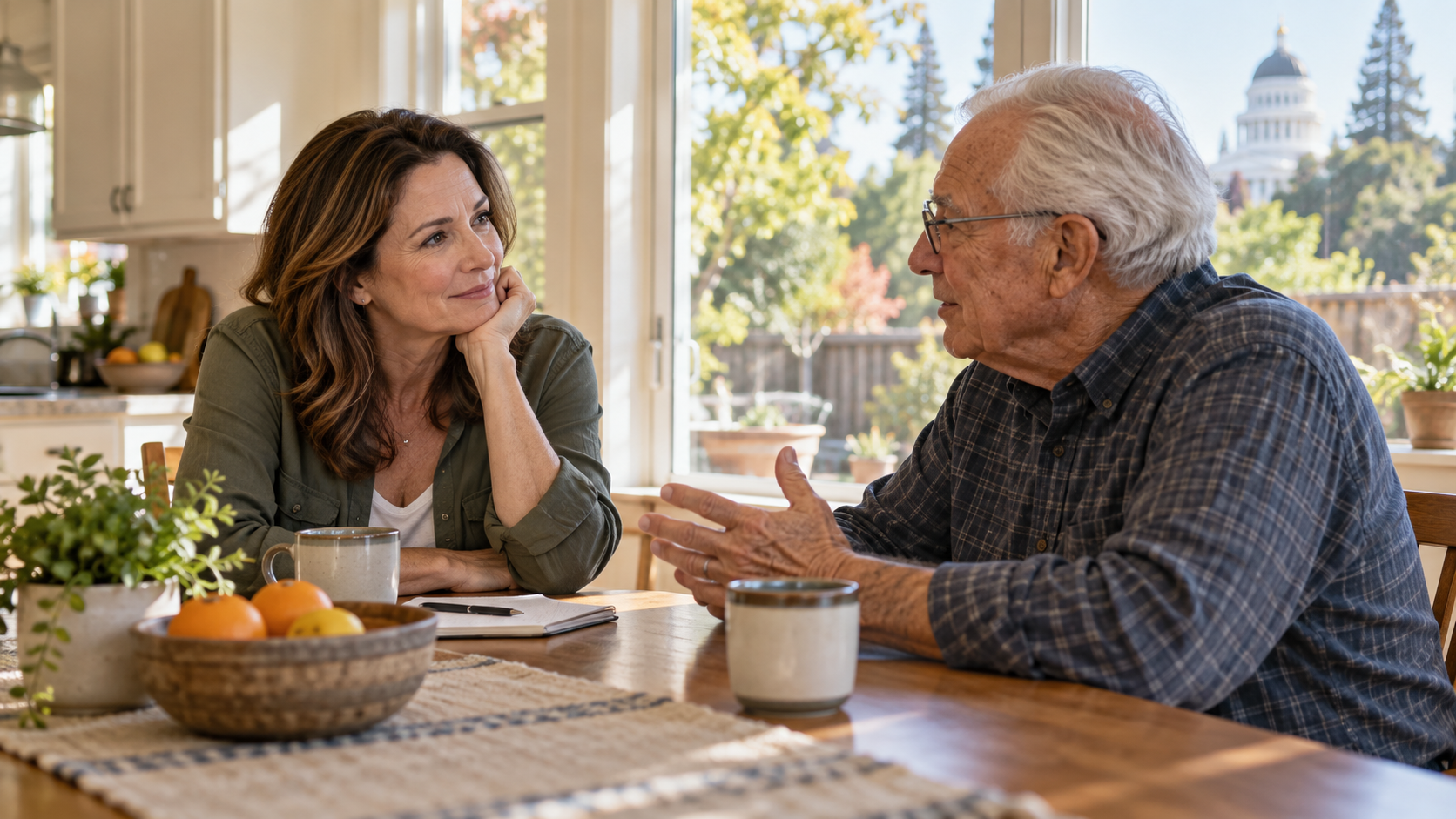 An adult child and a parent in a heartfelt conversation about the move, the talk that starts a 55+ transition