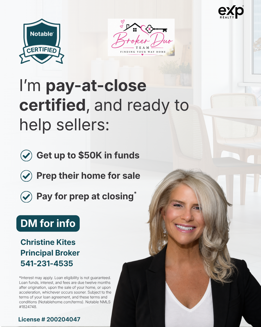 Notable Pay-at-Close agent flyer for Christine Kites with the Broker Duo Team at eXp Realty