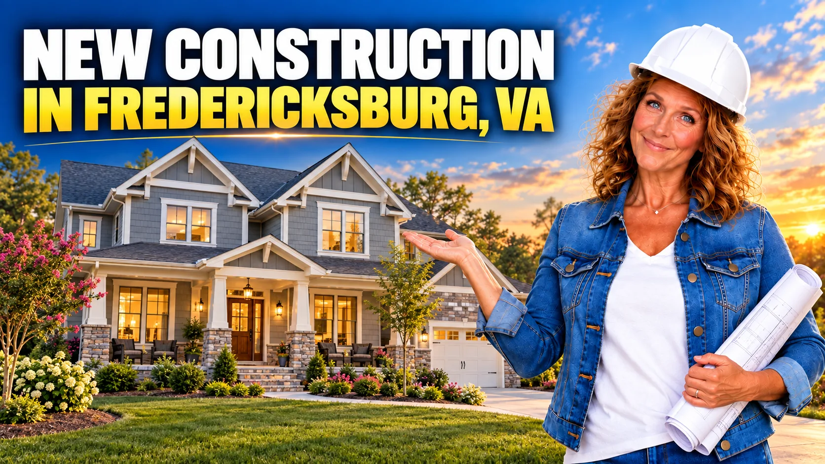 NEW CONSTRUCTION IN FREDERICKSBURG, VA hero banner featuring Barbara Jennings in a hard hat holding blueprints in front of a new home at sunset