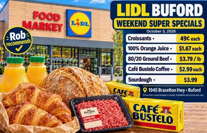 Lidl Buford Weekend Super Specials promotional card with a Rob recommends badge