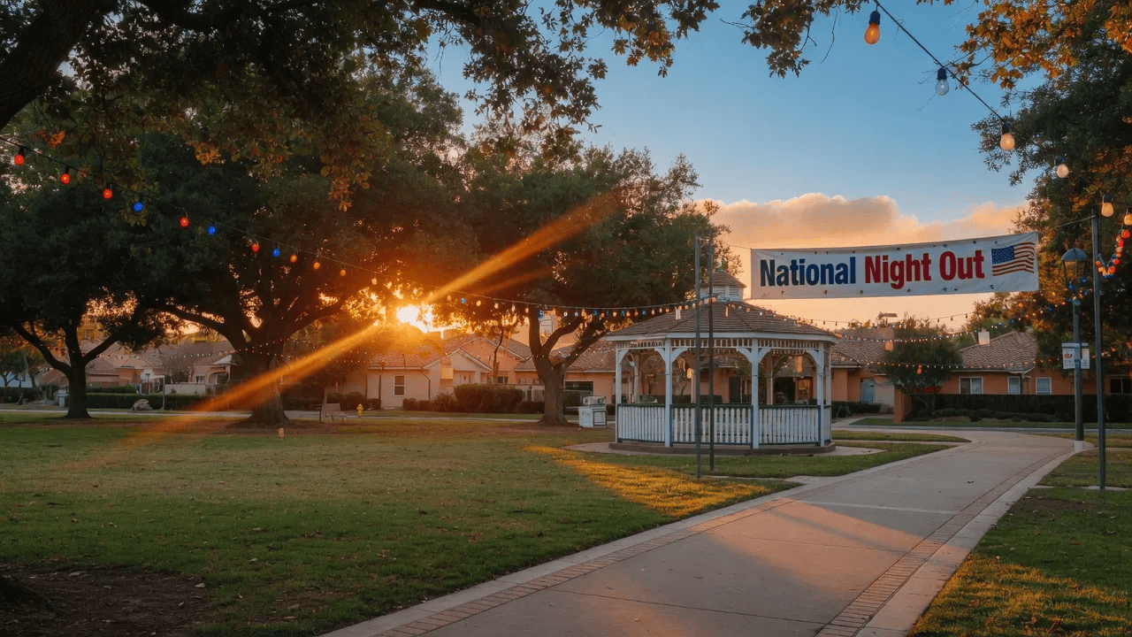 National Night Out community event at sunset with a park gazebo, string lights, and National Night Out banner