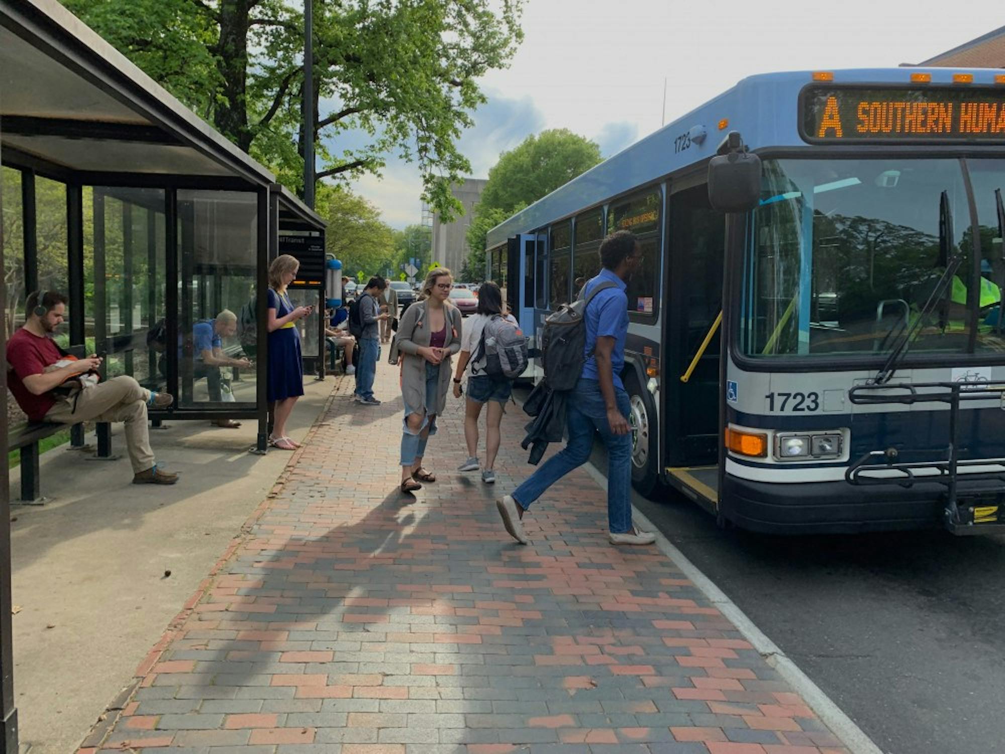 Chapel Hill Transit zero-fare bus picking up passengers